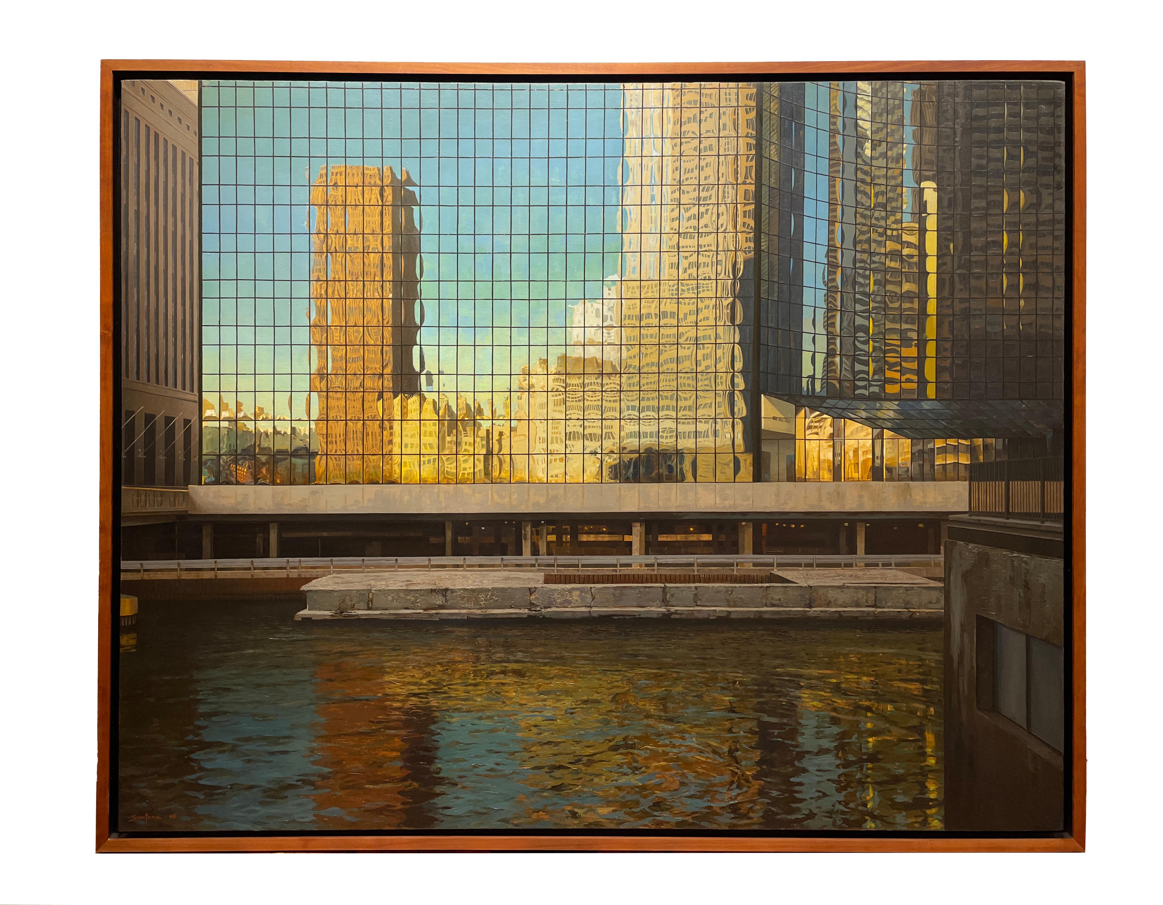 Deconstruction- Chicago Loop Architecture Reflecting on Building, Oil on Linen - Painting by Enrique Santana