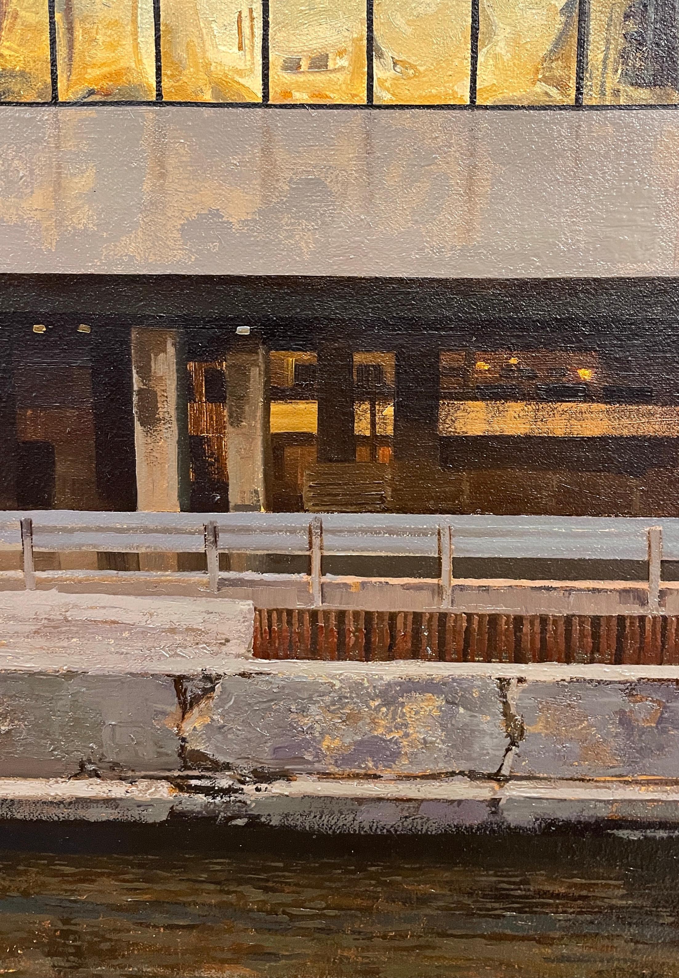 Deconstruction- Chicago Loop Architecture Reflecting on Building, Oil on Linen - Brown Landscape Painting by Enrique Santana