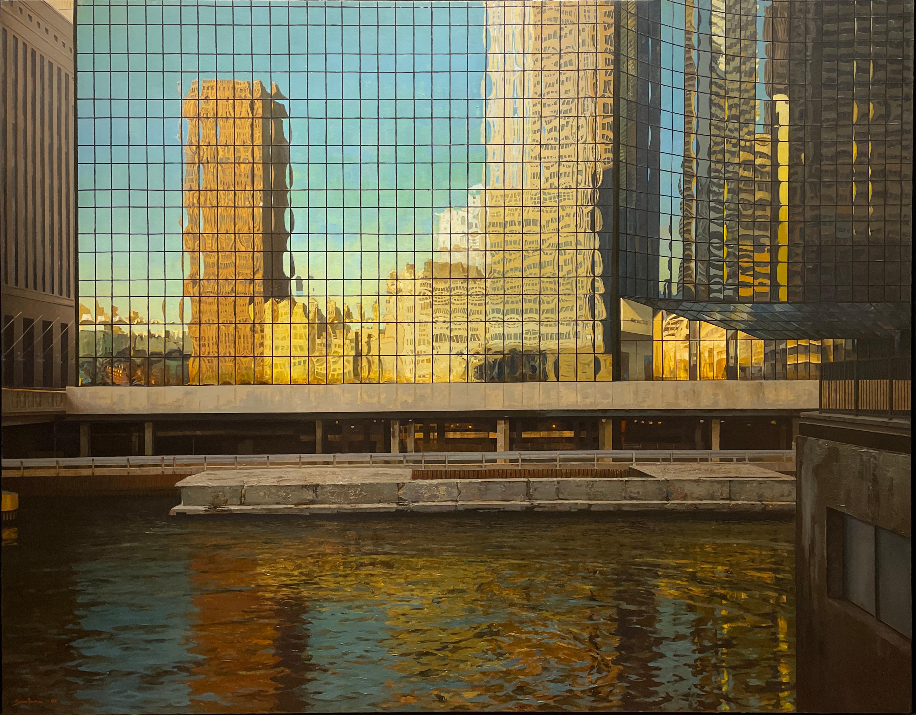 Enrique Santana Landscape Painting - Deconstruction- Chicago Loop Architecture Reflecting on Building, Oil on Linen