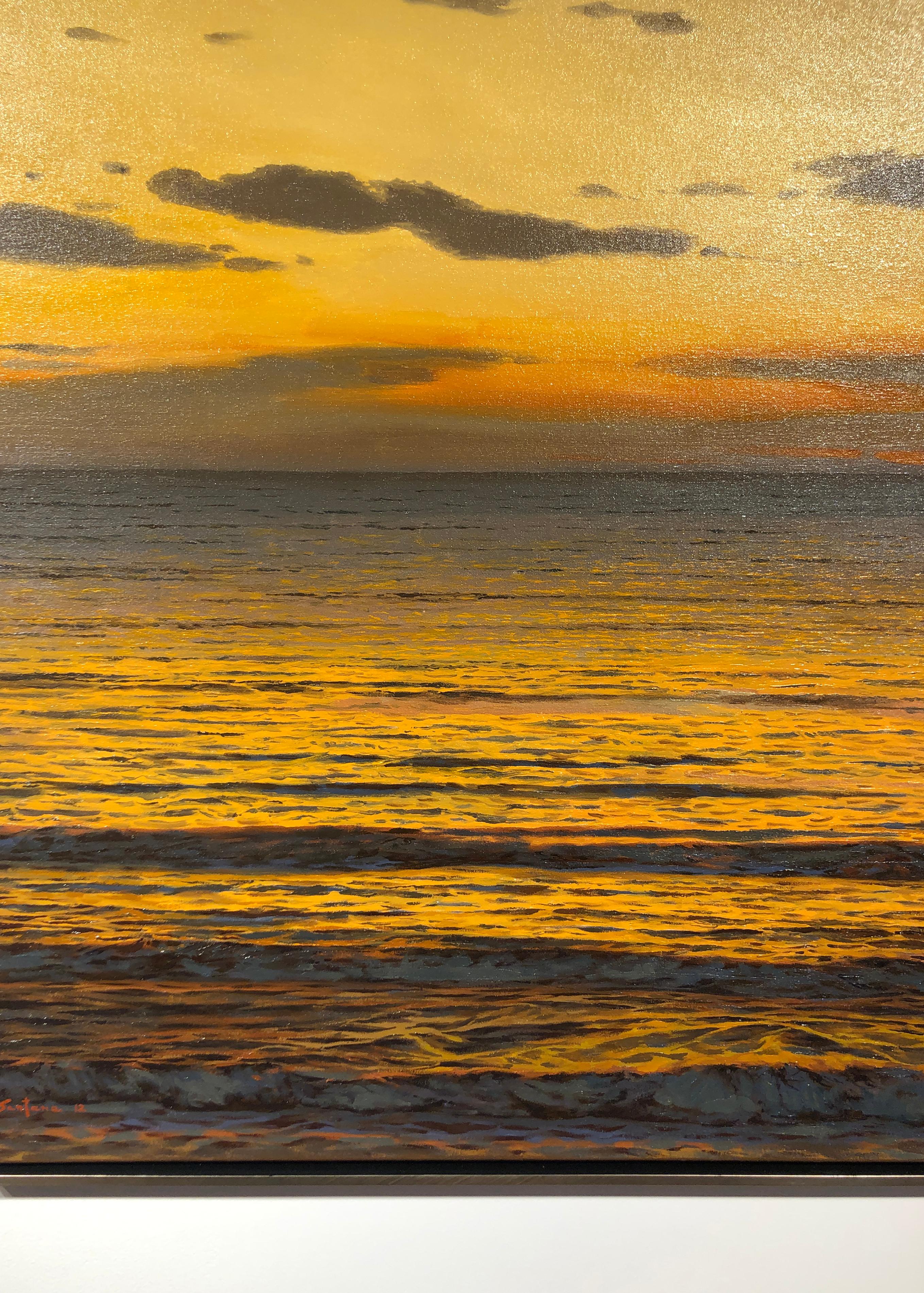 Oceans XIV - Original Oil Painting of Golden Sunset Reflected on Water - Brown Landscape Painting by Enrique Santana