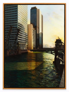 Raised Bridge, South Branch of the Chicago River, Urban Landscape, Oil on Linen