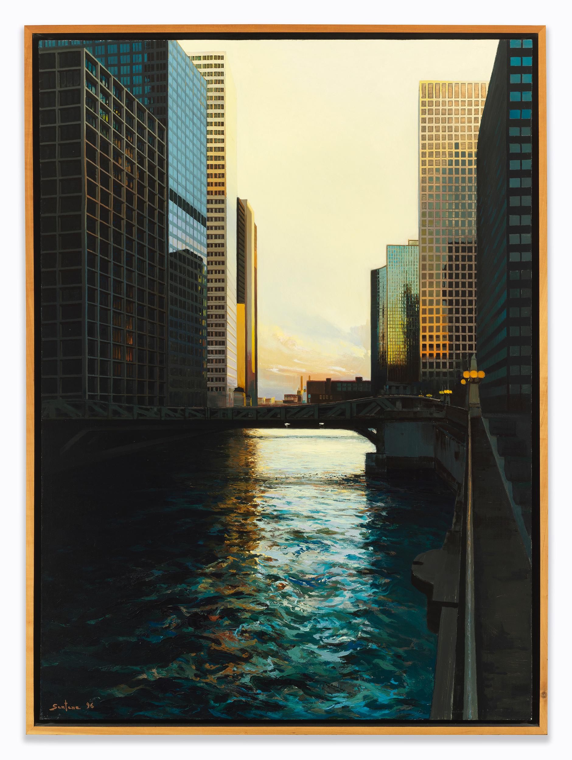 River Bridge, Urban Landscape, Chicago's Loop and Chicago River, Oil on Linen - Painting by Enrique Santana