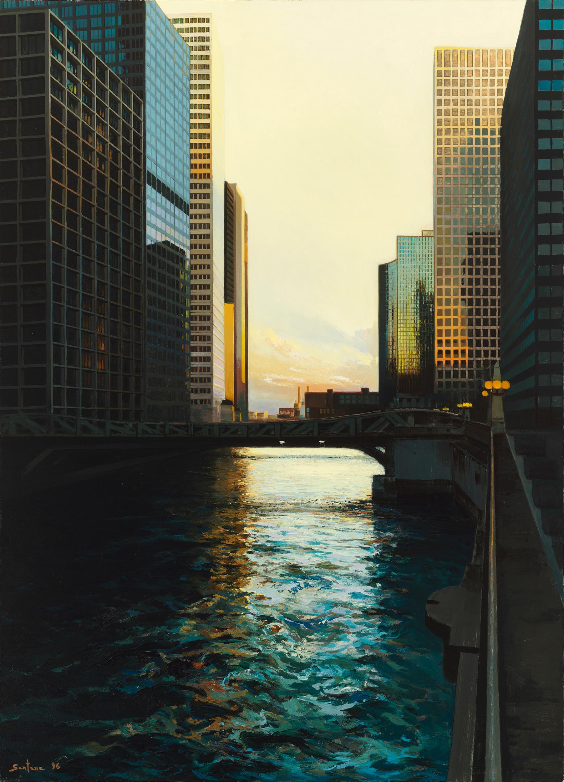 Enrique Santana Landscape Painting - River Bridge, Urban Landscape, Chicago's Loop and Chicago River, Oil on Linen