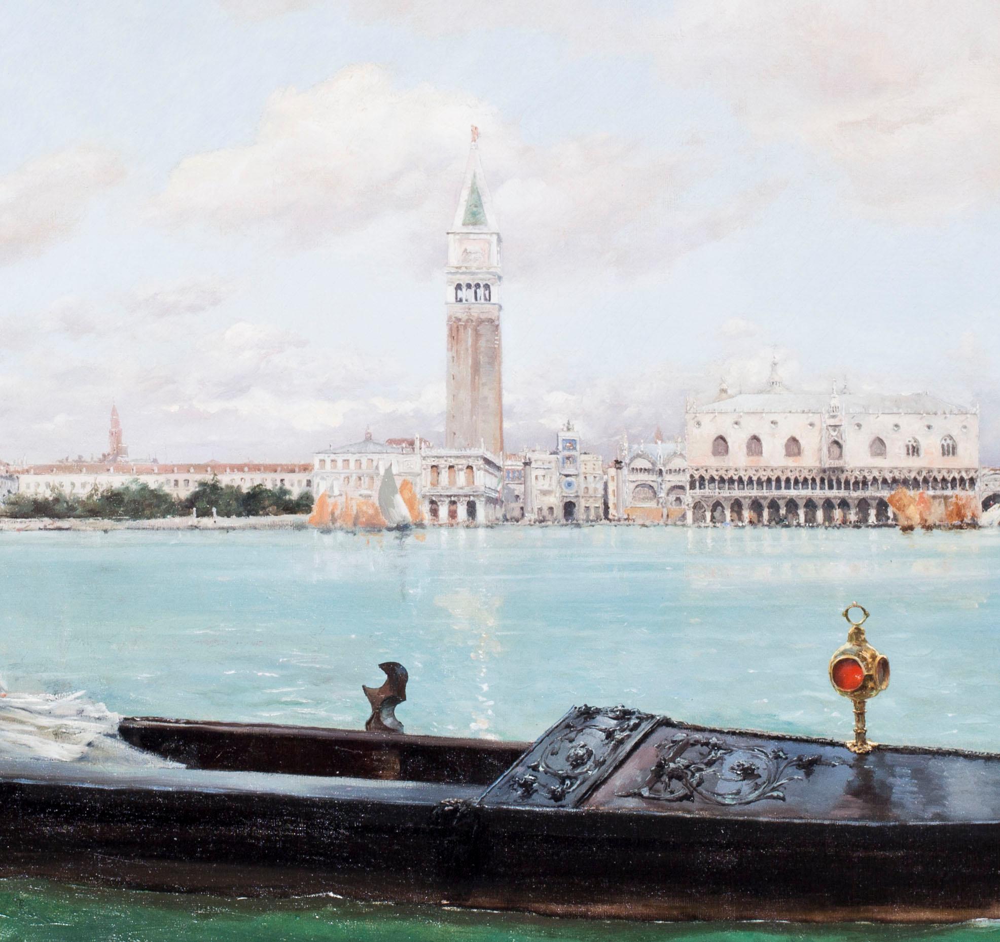 Large 19th C oil painting of a lady on the Venetian Lagoon by Serra y Auque - Impressionist Painting by Enrique Serra y Auque