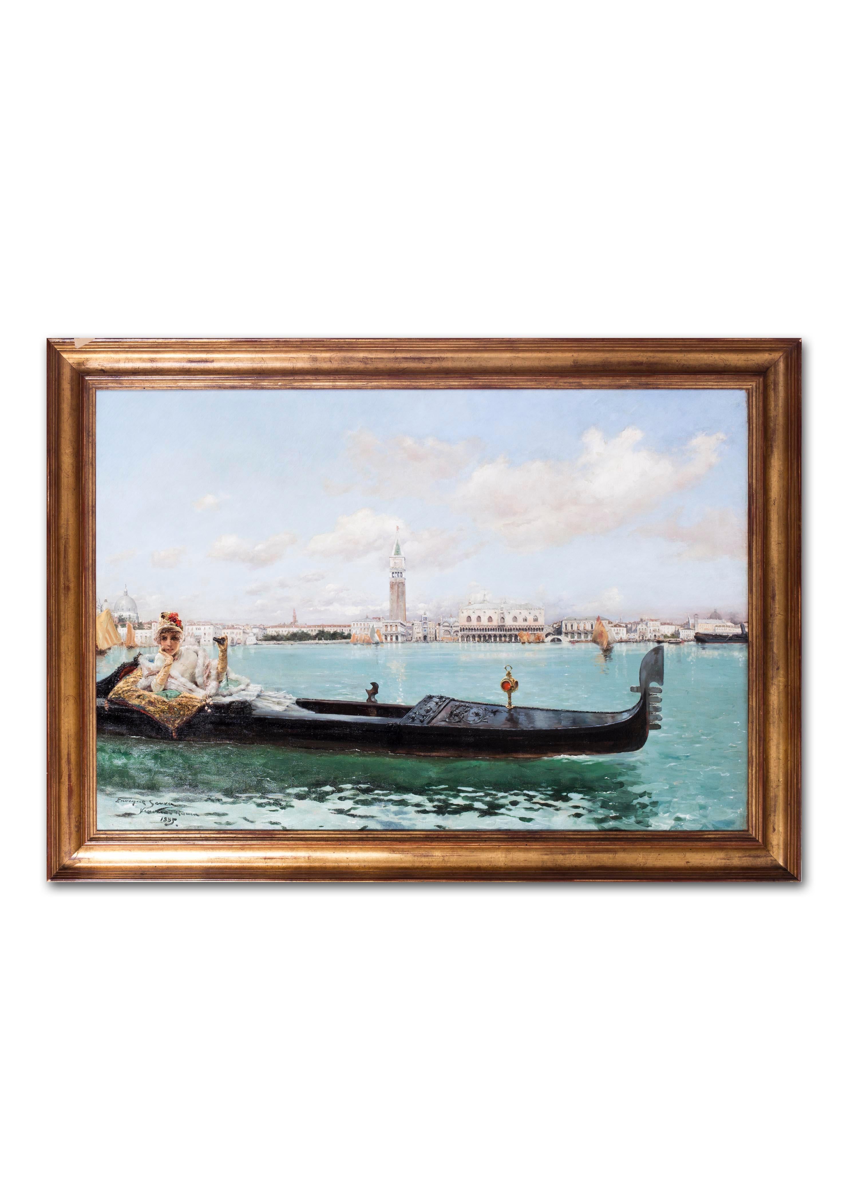 Enrique Serra (Spanish, 1859 – 1918)
An observer on the Venetian Lagoon
Oil on canvas
Signed, inscribe and dated ‘Enrique Serra / Venezia-Roma / 1885’ (lower left)
33 x 49 in. (83.8 x 124.5 cm.)

Enrique Serra y Auque was born in Barcelona in 1859