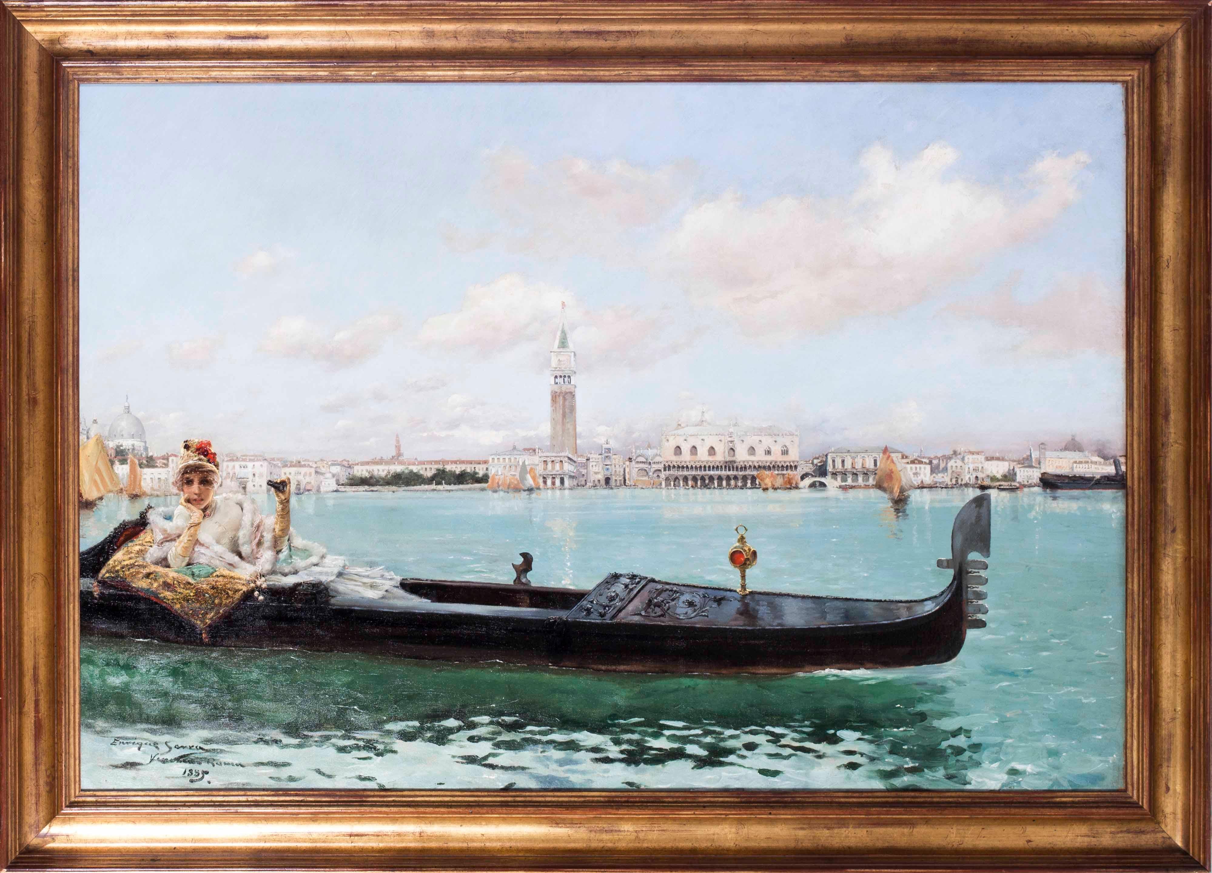Enrique Serra y Auque Landscape Painting - Large 19th C oil painting of a lady on the Venetian Lagoon by Serra y Auque