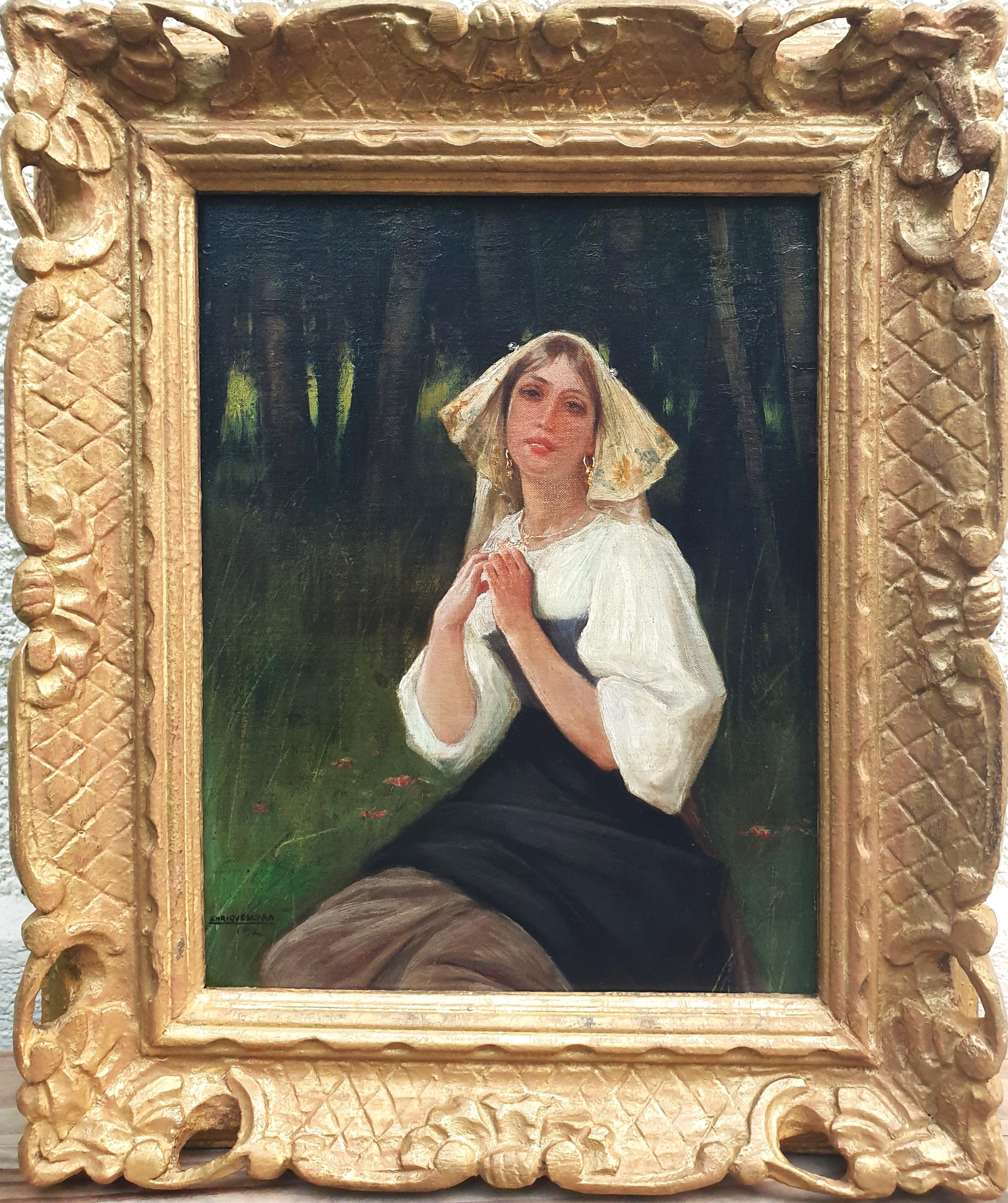 SERRA AUQUE Ritratto di ragazza spagnola, pittore romantico in costume del 19° secolo - Painting di Enrique Serra y Auque