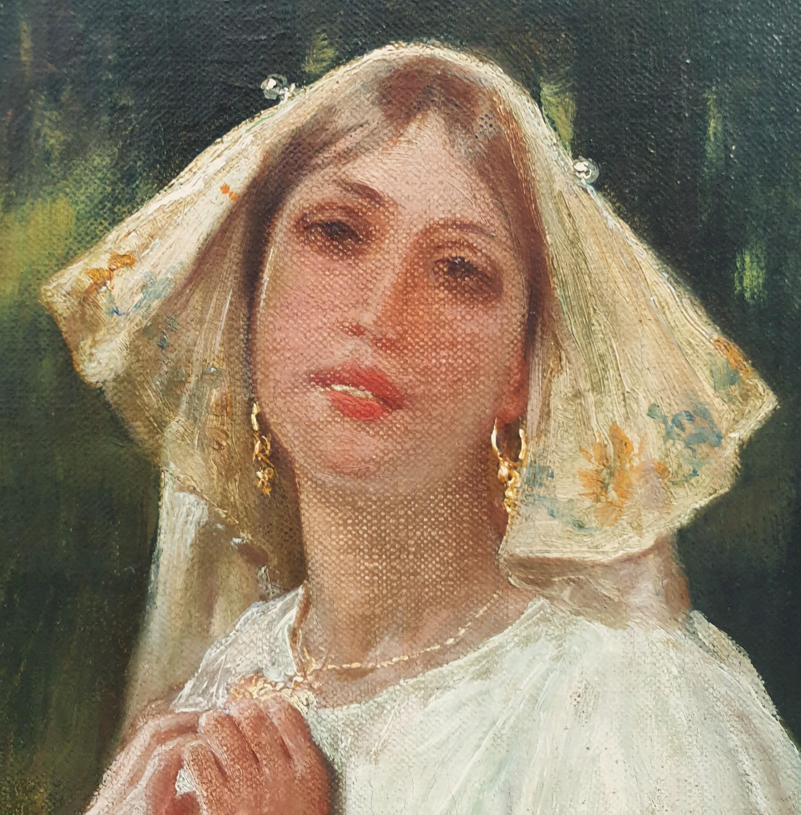 SERRA AUQUE Ritratto di ragazza spagnola, pittore romantico in costume del 19° secolo - Portrait Painting Marrone di Enrique Serra y Auque