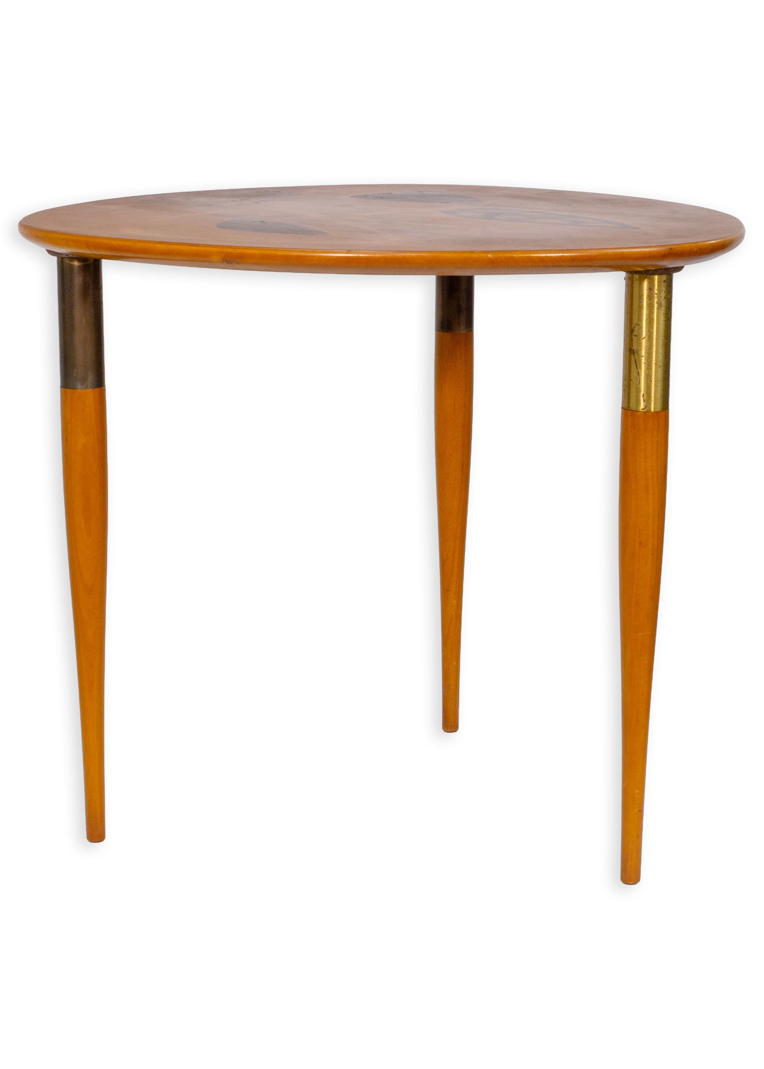 Mid-Century Modern Enro Fabry - Accent Table, 1953 Modernist Walnut Wood Inlay with Brass Details For Sale