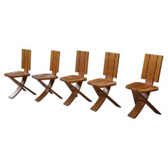 Ensemble di 5 sedie in legno massiccio della manifattura di Seltz degli anni '70