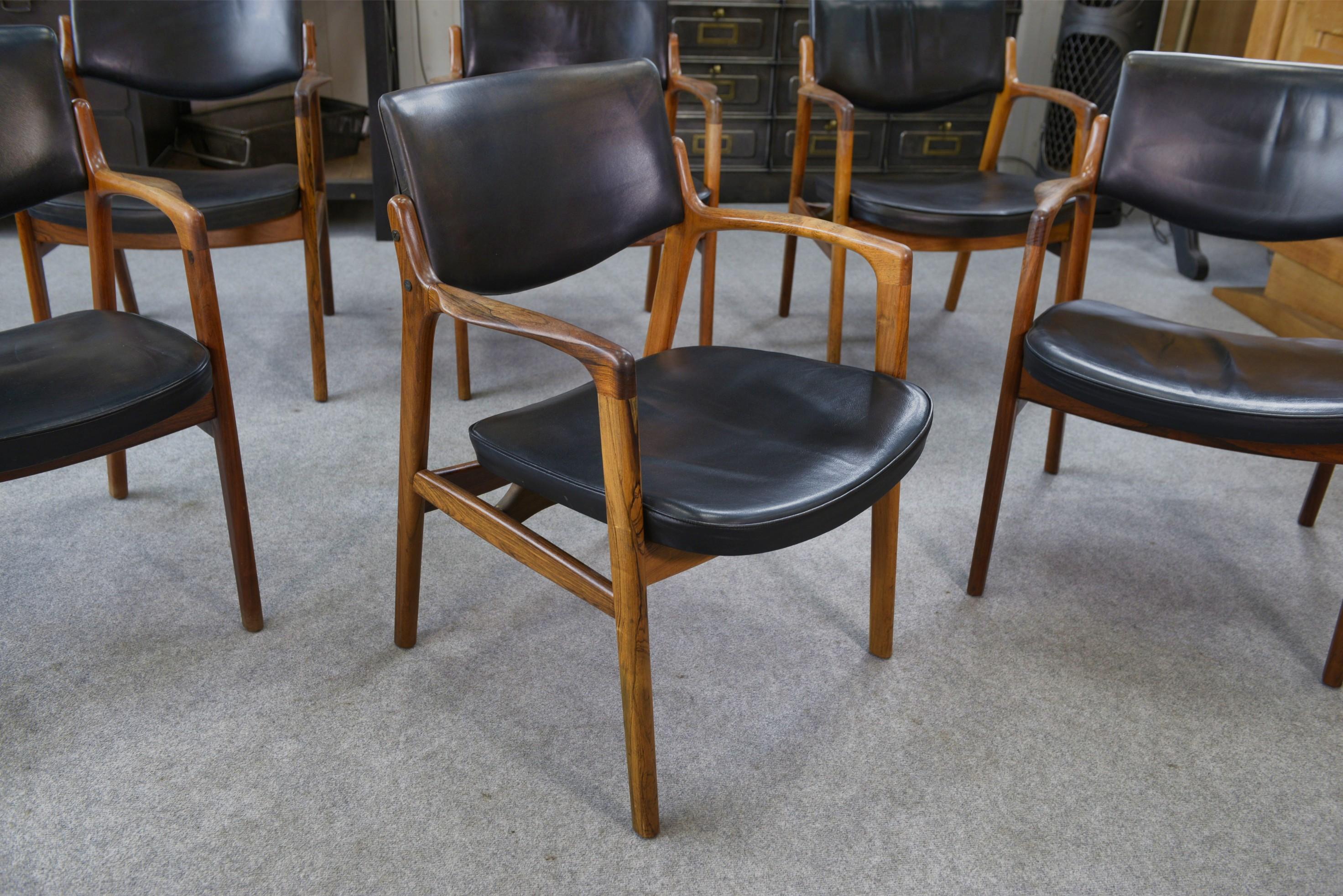 Ensemble de 6 fauteuils scandinaves en cuir et palissandre par Gondo Gravesen For Sale 3