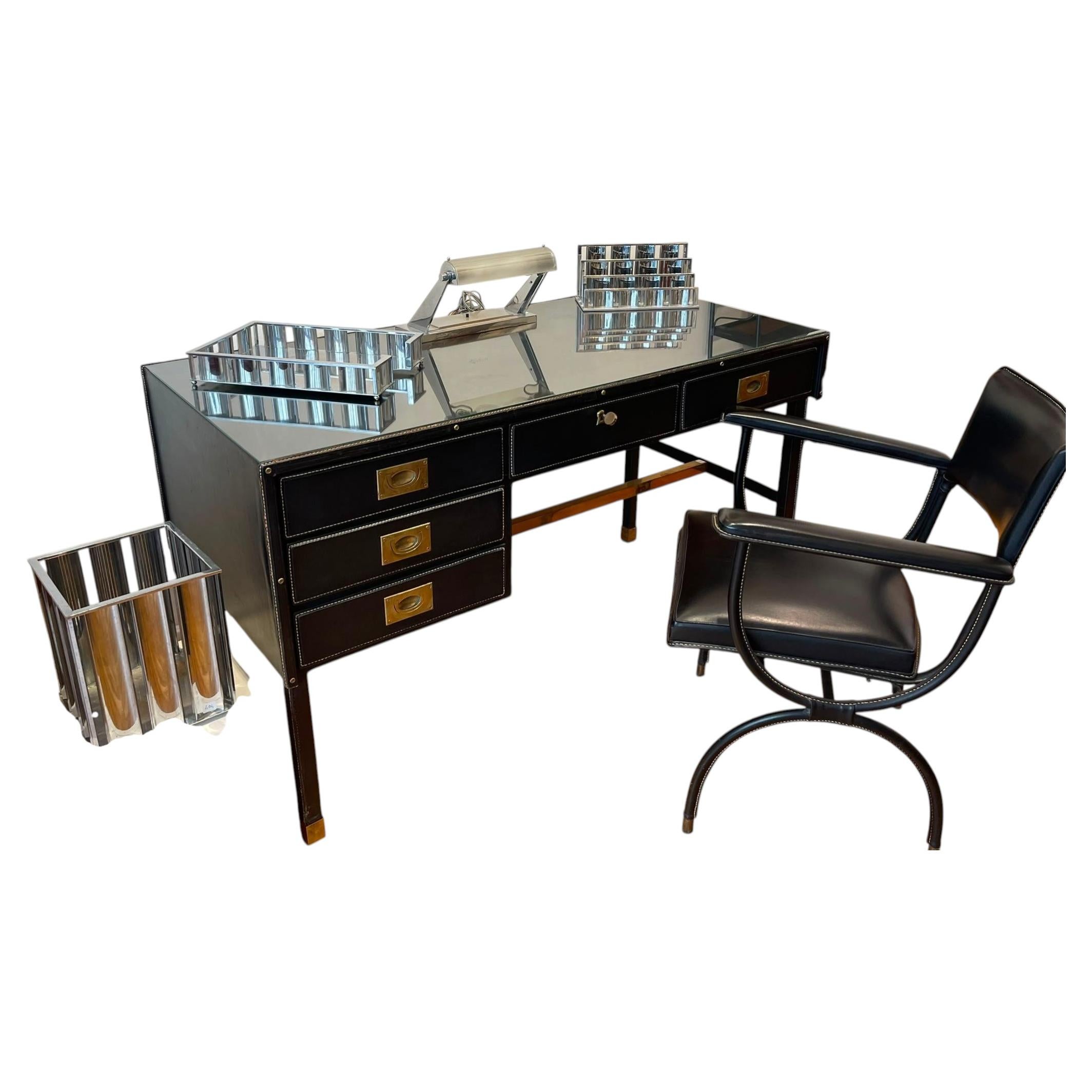 Modernistisches Schreibtischset aus verchromtem Metall, Jacques Adnet (3-teilig) im Angebot