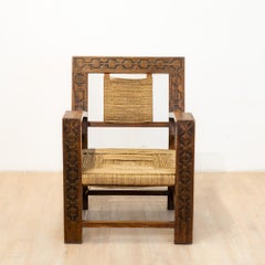 Ensemble de Fauteuils Néo-Basques Sculptés en Paille et Chêne, 1940s