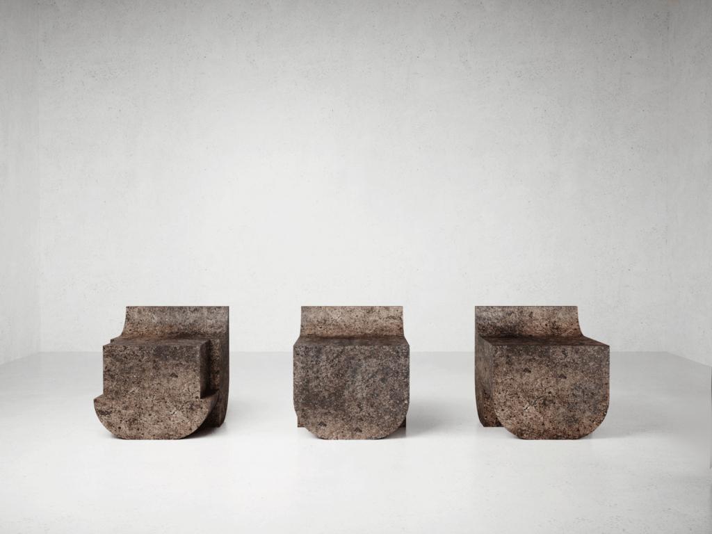 Ensemble of 3 mono block chairs, Isac Elam Kaid
Each chair is unique and hand-sculpted by Isac Elam Kaid
Dimensions: 50 W x 61 D x 61 H cm
Materials: Casting cement, epoxy resin, mixed-media

Isac Elam Kaid is an artist and designer based in