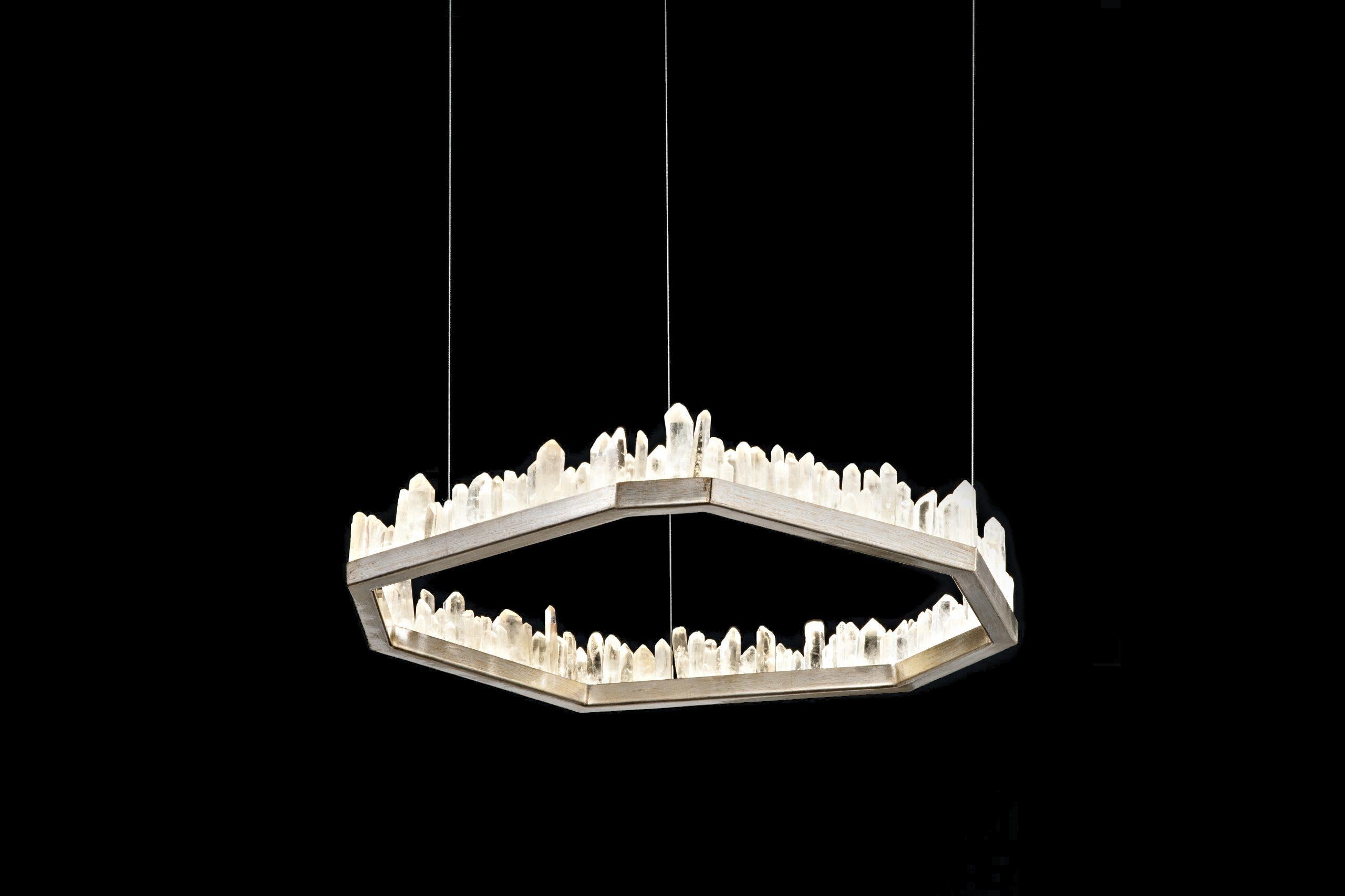 Ensemble of 7 white quartz pendant lamp by Aver 
Dimensions: 81 x 81 x 18 cm.
Lighting: One LED 28W / 1800 Lumens.
Finish: Silver leaf, old silver leaf, gold leaf, old gold leaf, copper leaf, rusty, pink gold, brass.
Rock crystal: Quartz.