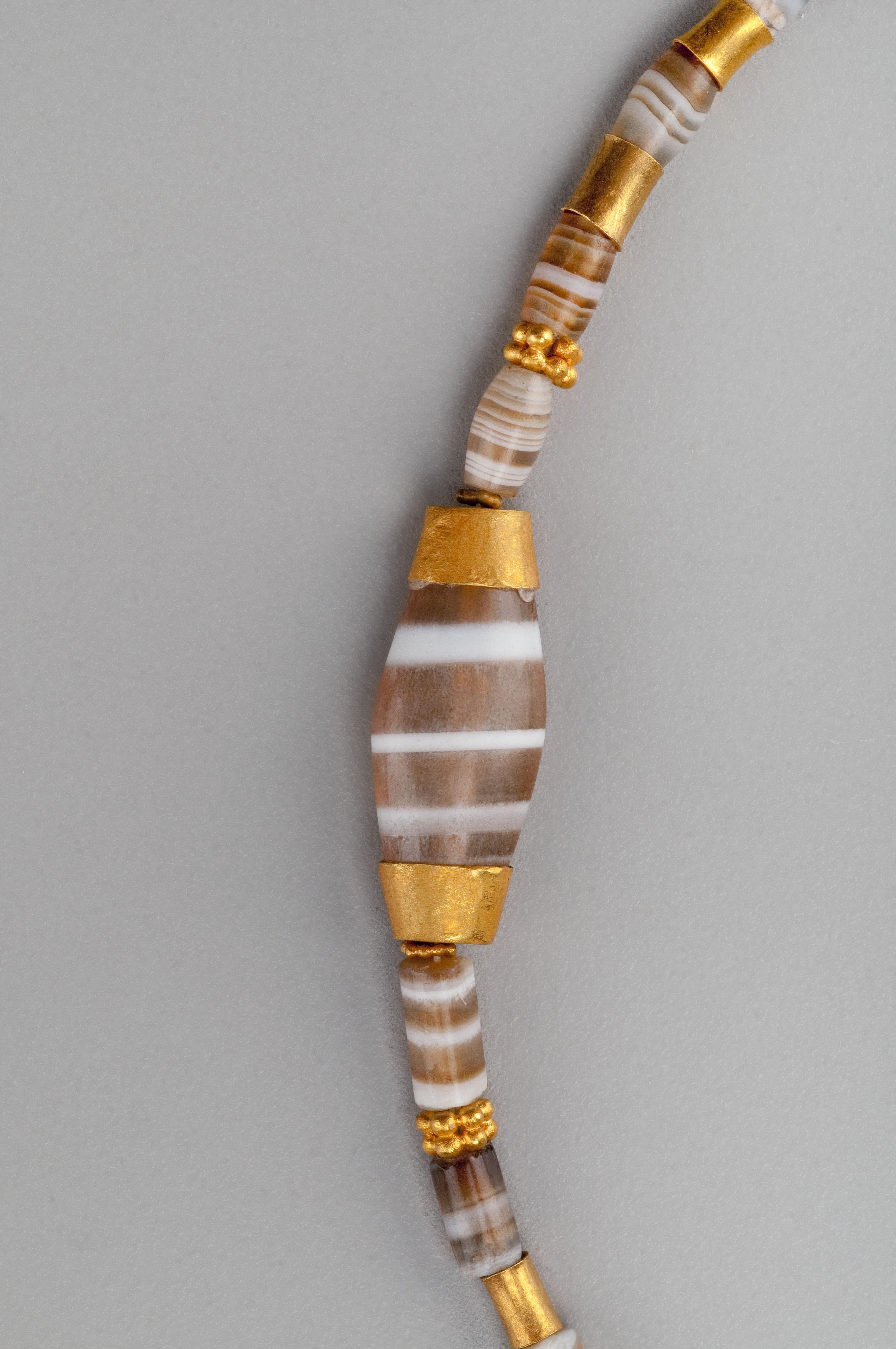 Artist Ensemble of Ancient Agate Bead Necklaces, 22k Granulated Gold Beads, and Clasp For Sale