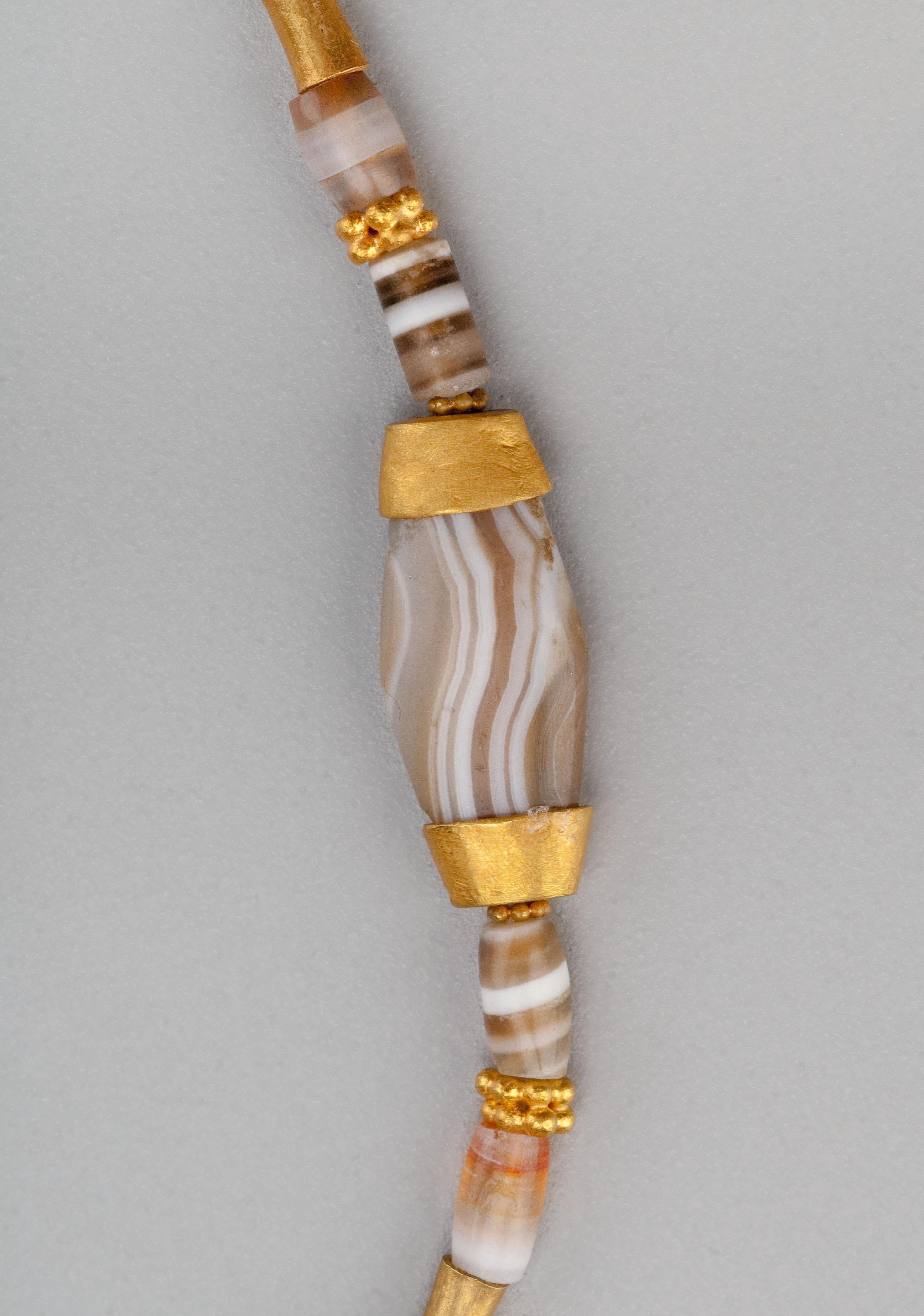 Ensemble of Ancient Agate Bead Necklaces, 22k Granulated Gold Beads, and Clasp In Good Condition For Sale In Bloomington, IN