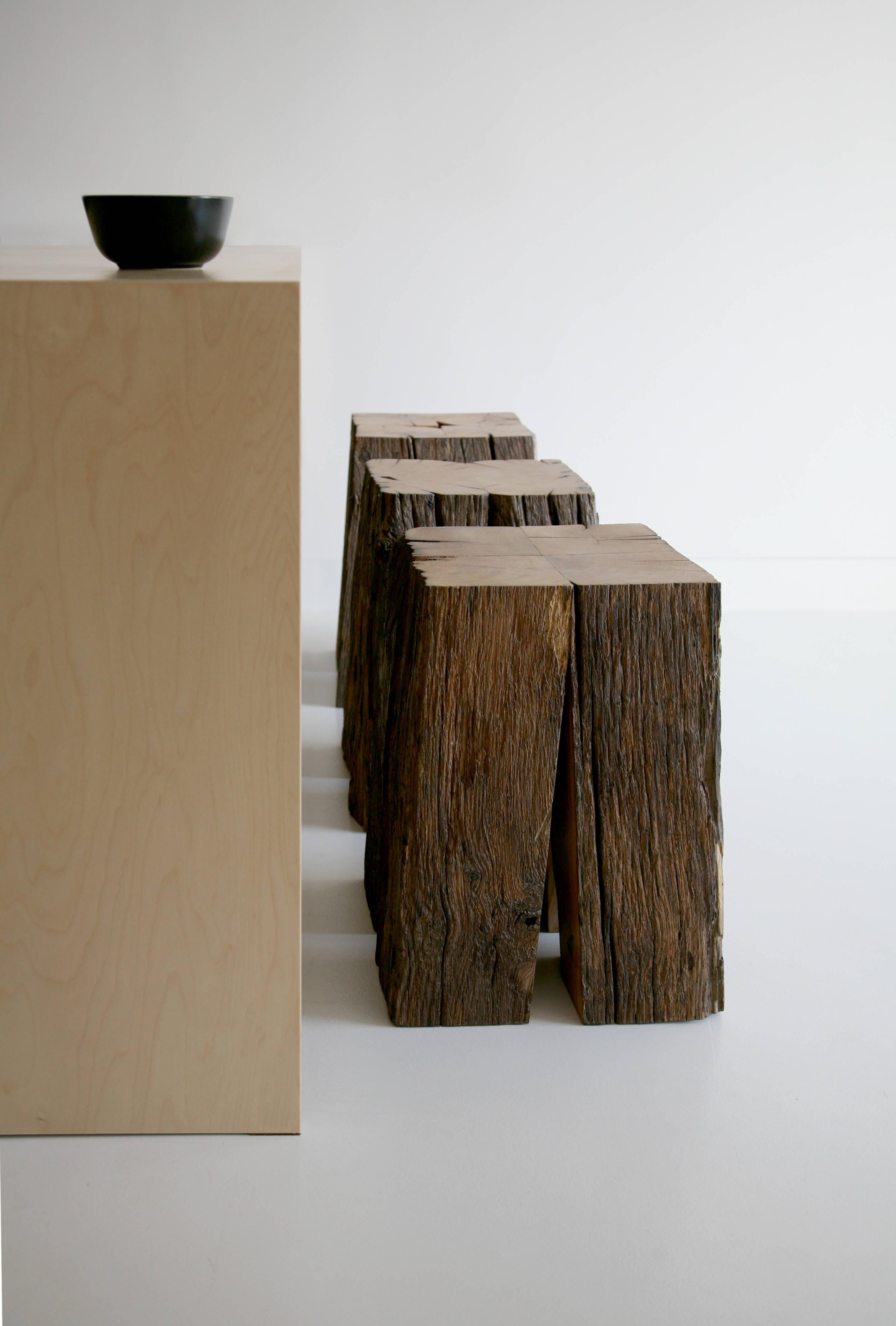 Ensemble of ancient Normandy oak new designed stool tables by Timothée Musset
Numbered limited edition piece, the singular story of ancient wood and the hand-sculpted work creates particular finitions, making each piece unique.
Collaboration with