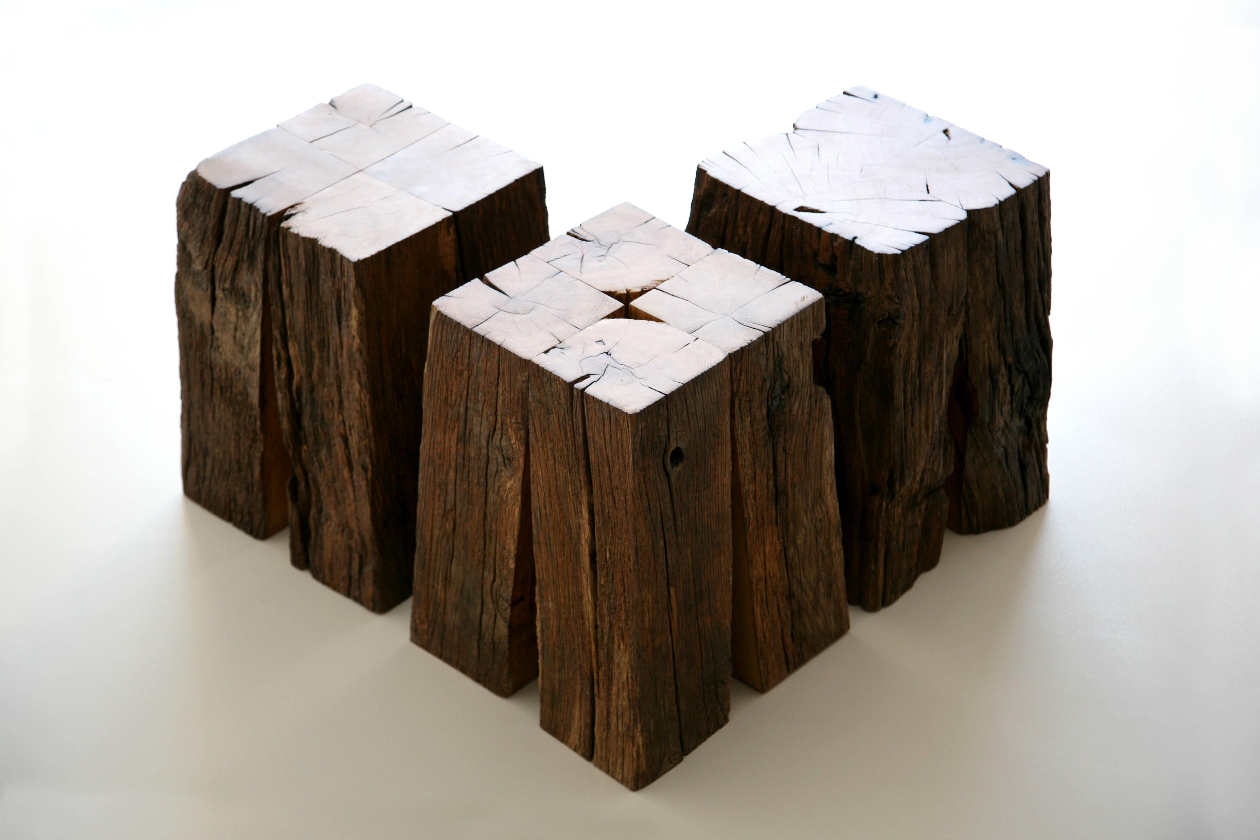 Ensemble of Ancient Normandy Oak New Designed Stool Tables by Timothée Musset  In New Condition In Geneve, CH