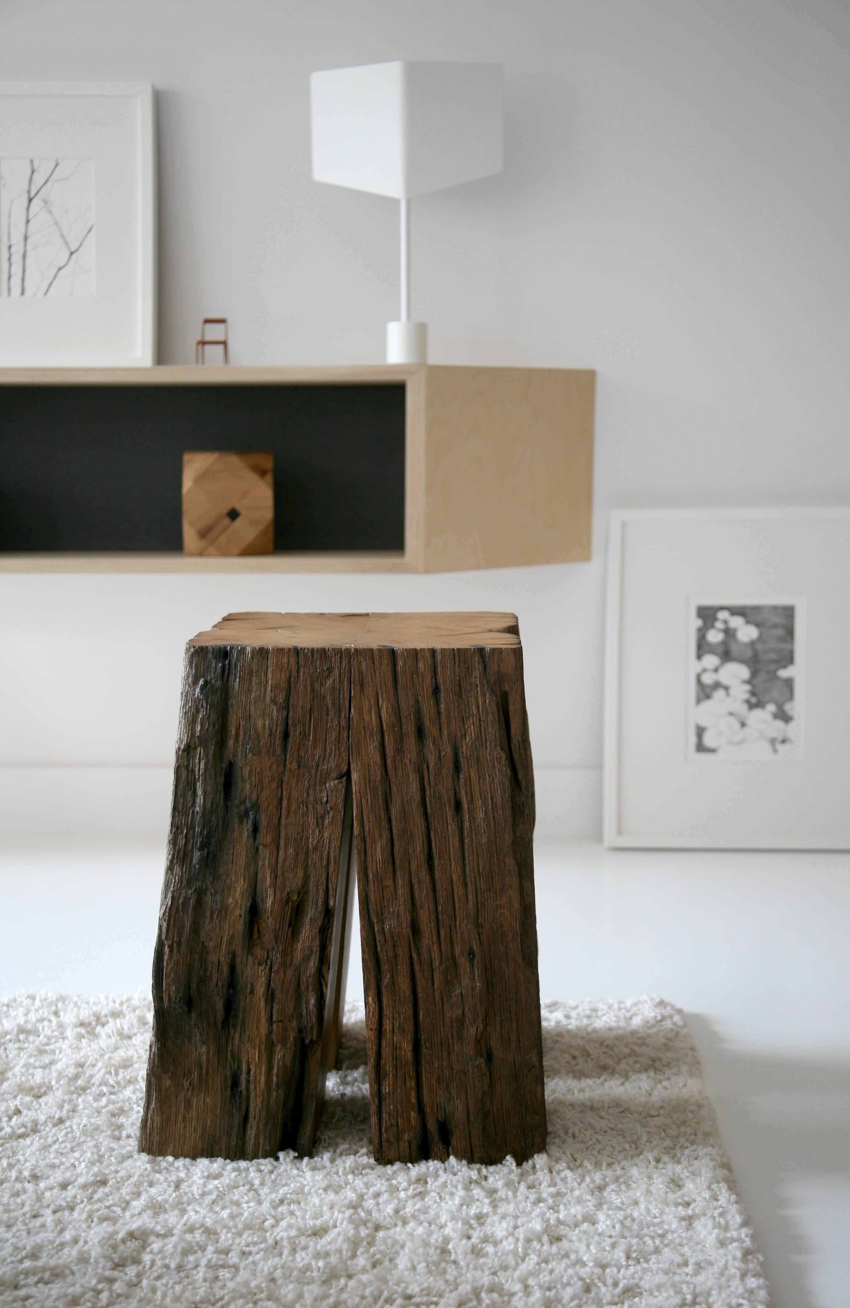 Contemporary Ensemble of Ancient Normandy Oak New Designed Stool Tables by Timothée Musset For Sale