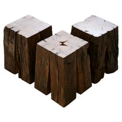 Ensemble of Ancient Normandy Oak New Designed Stool Tables by Timothée Musset