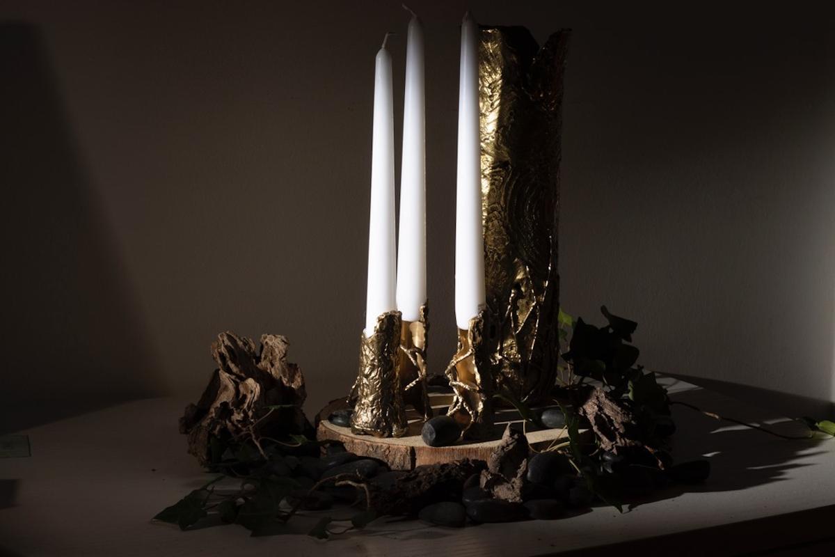 Organic Modern Ensemble of Brass Hand-Sculpted Candleholders by Samuel Costantini