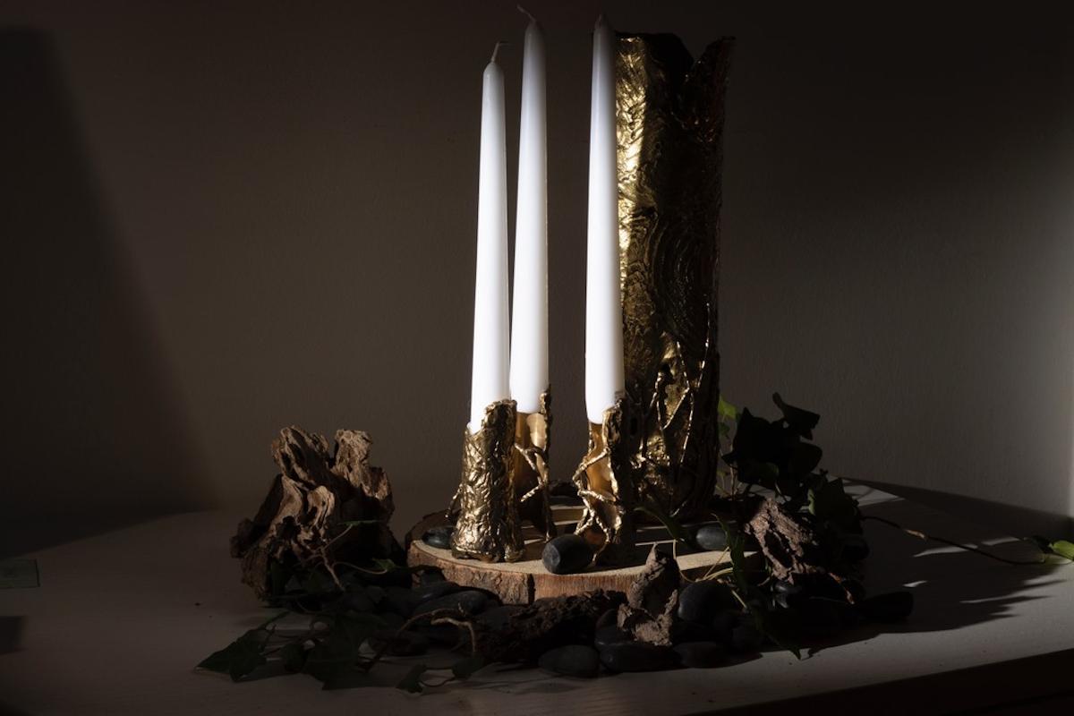 Italian Ensemble of Brass Hand-Sculpted Candleholders by Samuel Costantini For Sale