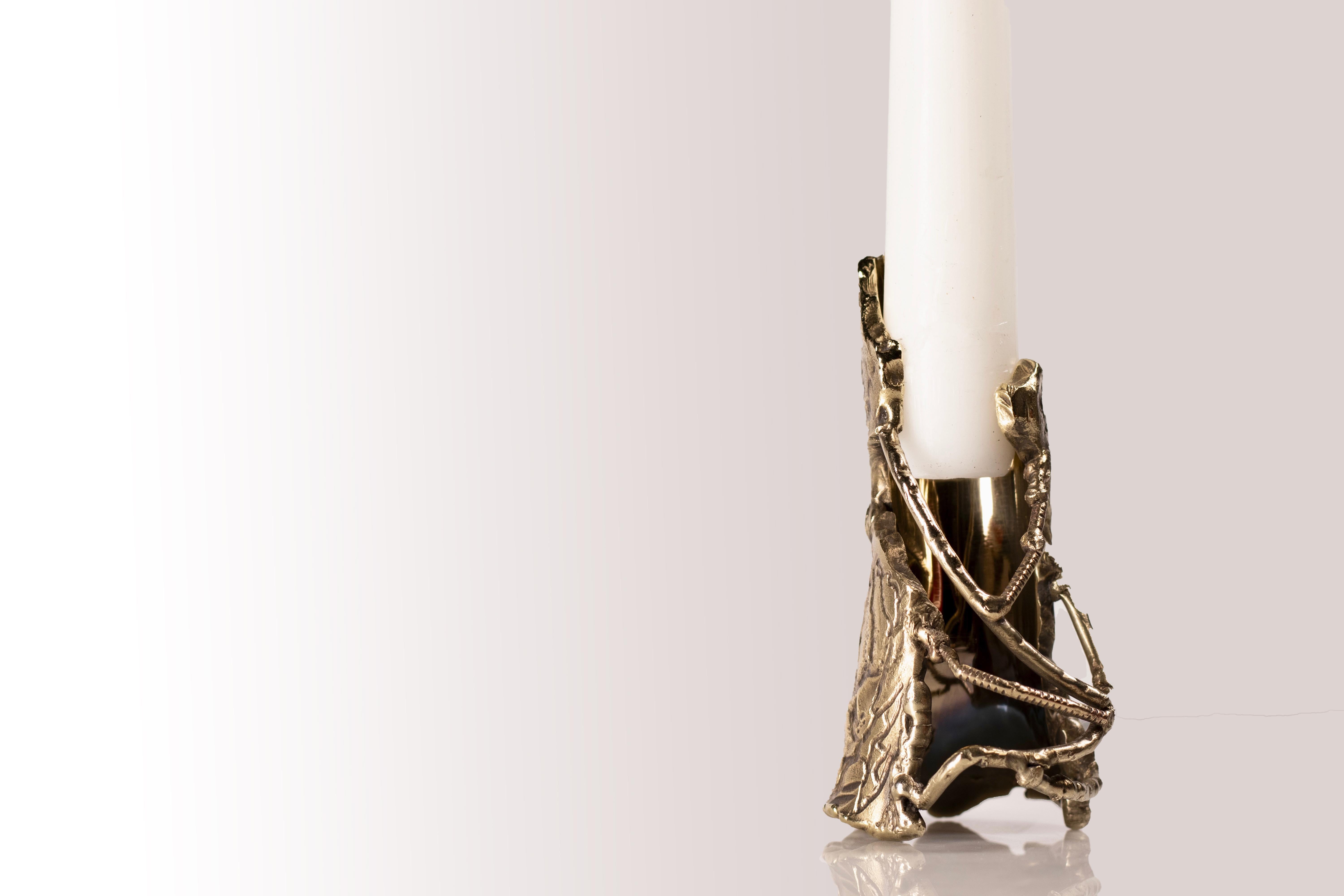 Contemporary Ensemble of Brass Hand-Sculpted Candleholders by Samuel Costantini For Sale