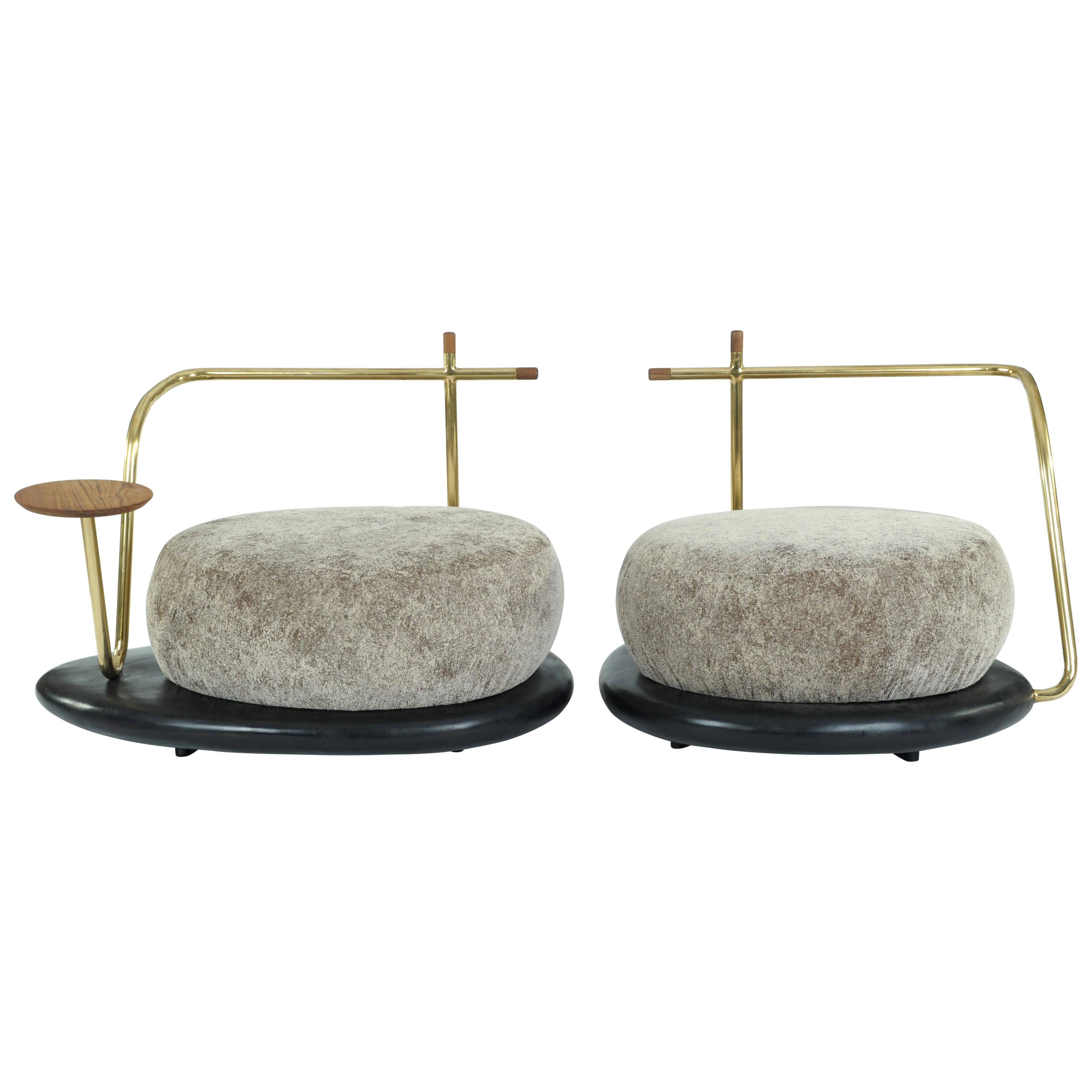 Ensemble of Grey Zen Pouffes and Coffee Table, Misaya For Sale