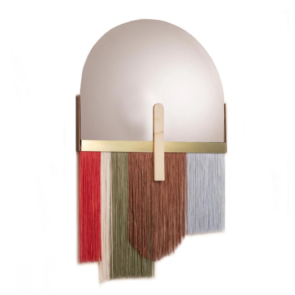 Ensemble of three colorful wall mirrors by Dooq

Dimensions
W 61 x H 97 cm / each

Materials & Finishes
Mirror in coloured glass, edge in brass, detail in marble, fringe in fabric, back of the mirror in wood.
Product
Souk Papaya Mirror is a