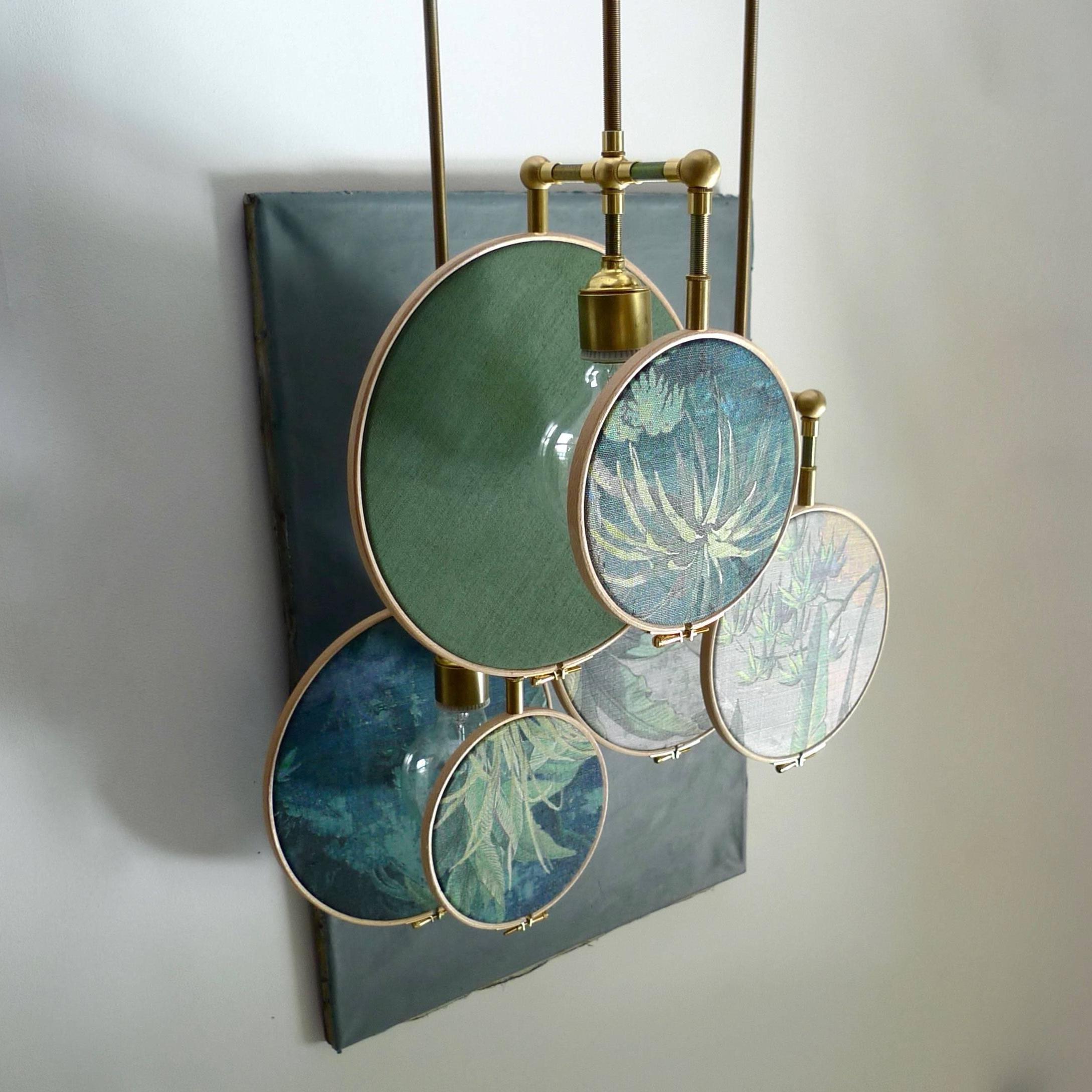 Ensemble of Three Circle Wall Sconce by Sander Bottinga
Light object, ceiling lamp, circle blue grey
Handmade in brass, leather, wood and hand printed and painted linen.
A dimmer is inlaid with leather
Dimensions:
H custom size x W 27 x D 16 cm
The