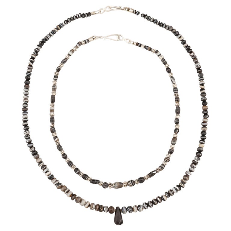 Ensemble of Two Ancient Agate Bead Necklaces with Fine Silver