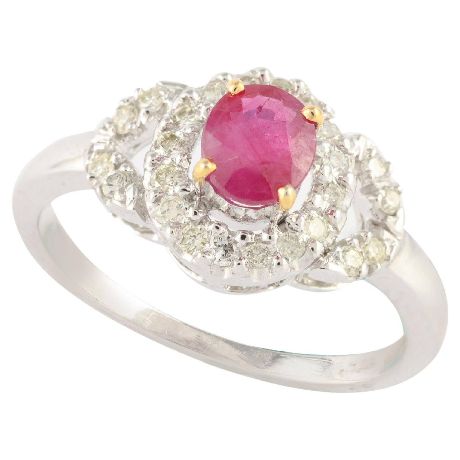 Bague de mariage pour femme en or blanc massif 14K avec diamant et rubis