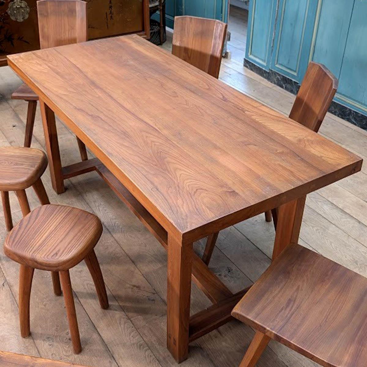 Ensemble Pierre Chapo, 6 chaises S28, Table T01D et paire de tabouret For Sale 7