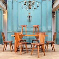 Ensemble Pierre Chapo, 6 chaises S28, Table T01D et paire de tabouret