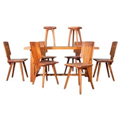 Ensemble Pierre Chapo, 6 chaises S28, Table T01D et paire de tabouret