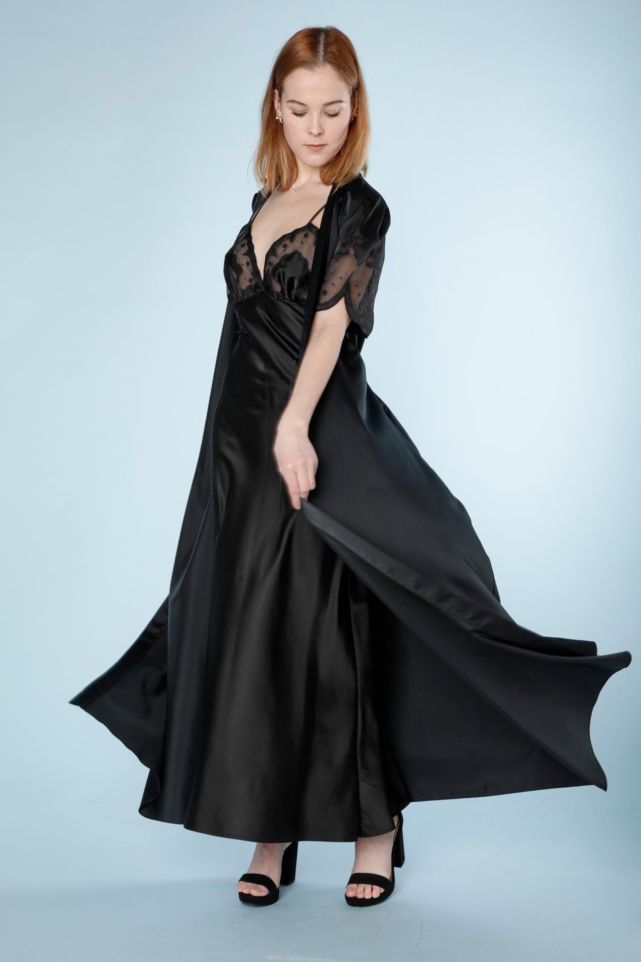 Black Ensemble Robe and night-gown in black satin and tulle appliqué Lanvin 