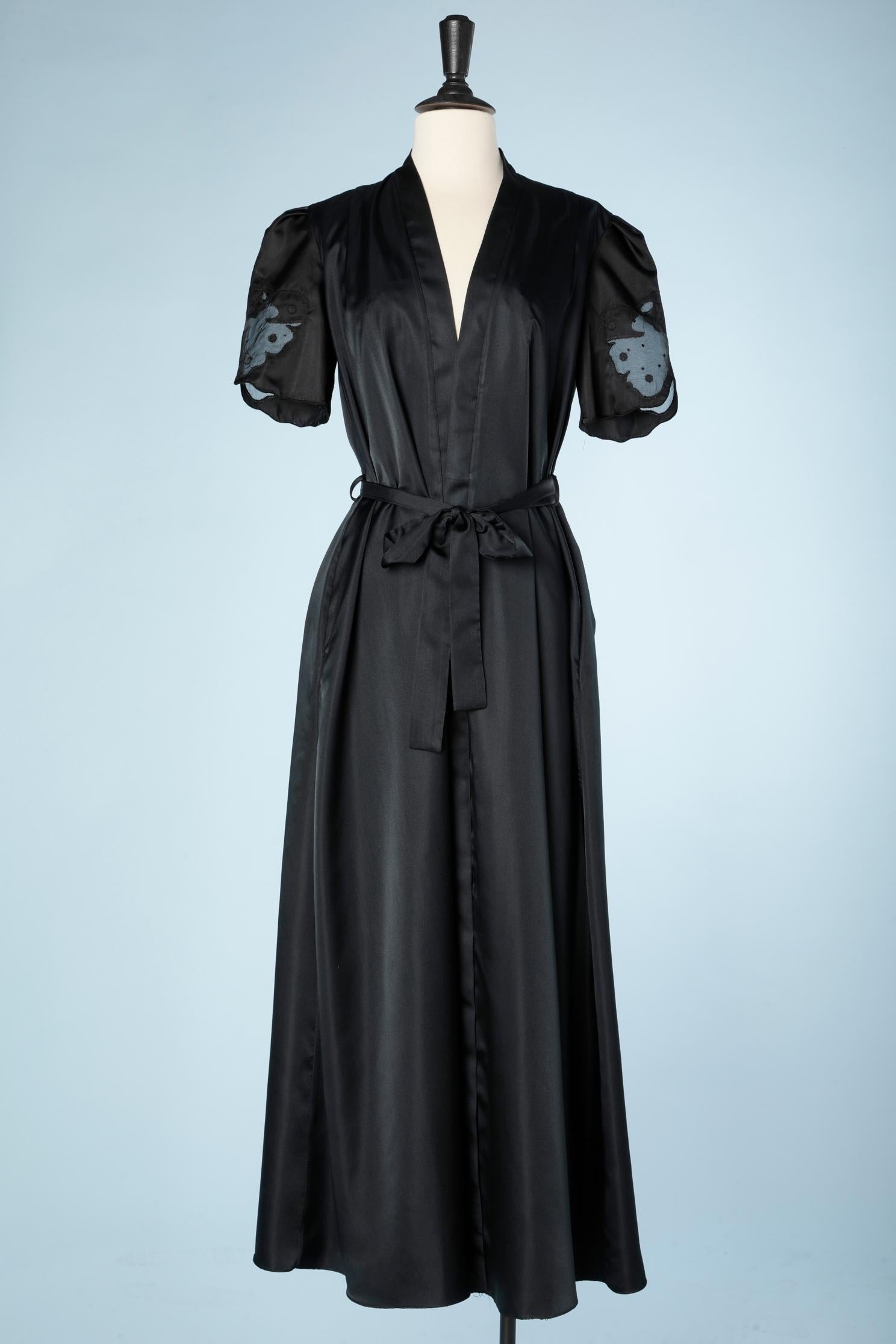 Ensemble Robe and night-gown in black satin and tulle appliqué Lanvin  In Excellent Condition In Saint-Ouen-Sur-Seine, FR