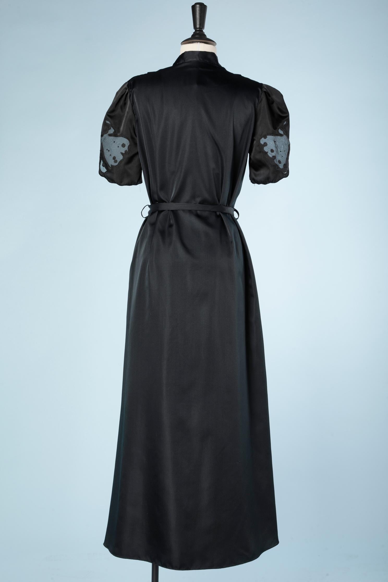 Ensemble Robe and night-gown in black satin and tulle appliqué Lanvin  1