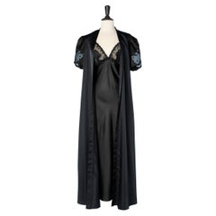 Ensemble Robe and night-gown in black satin and tulle appliqué Lanvin 