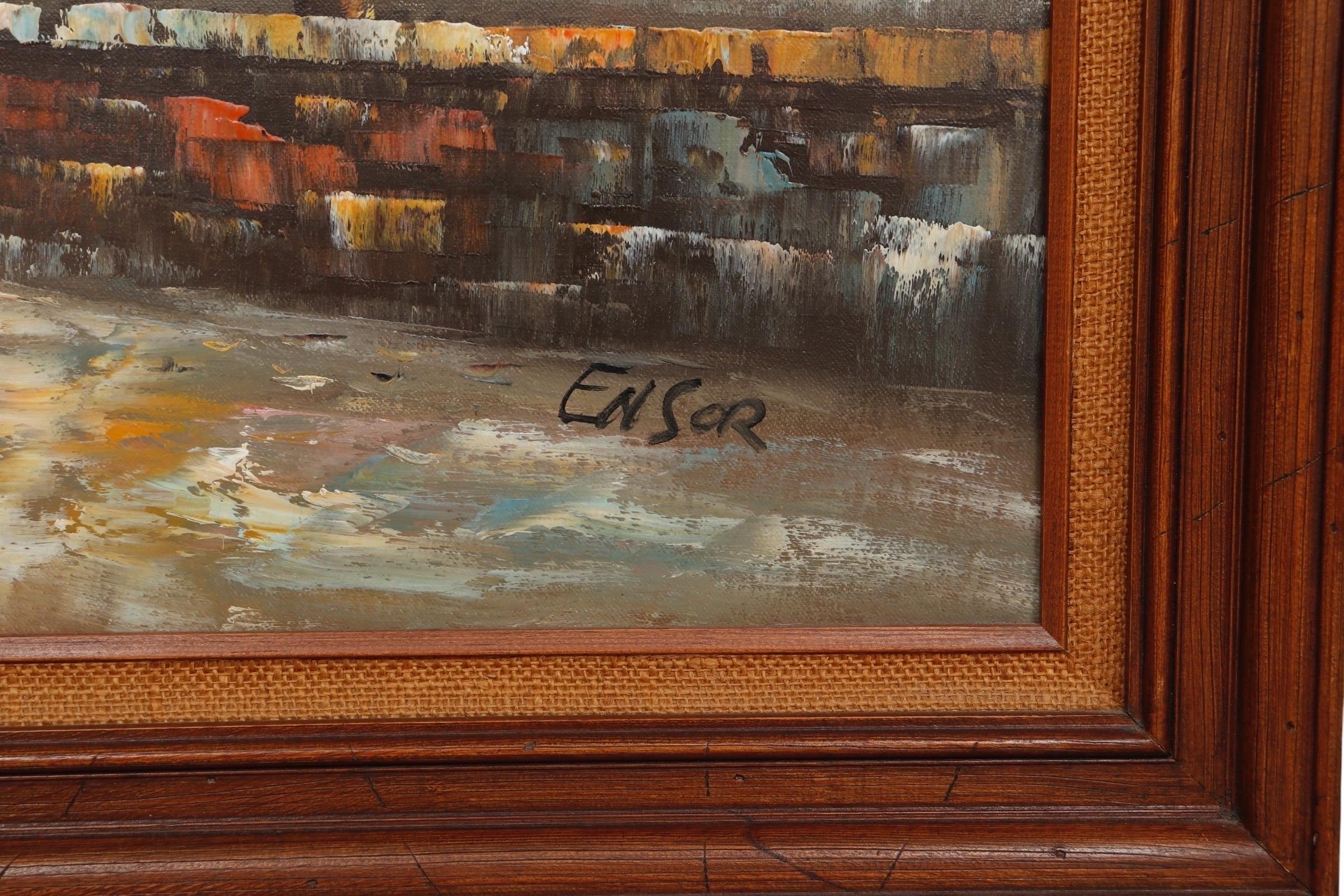 Ensor, signierte europäische Straßenszene, Öl auf Leinwand im Angebot 1