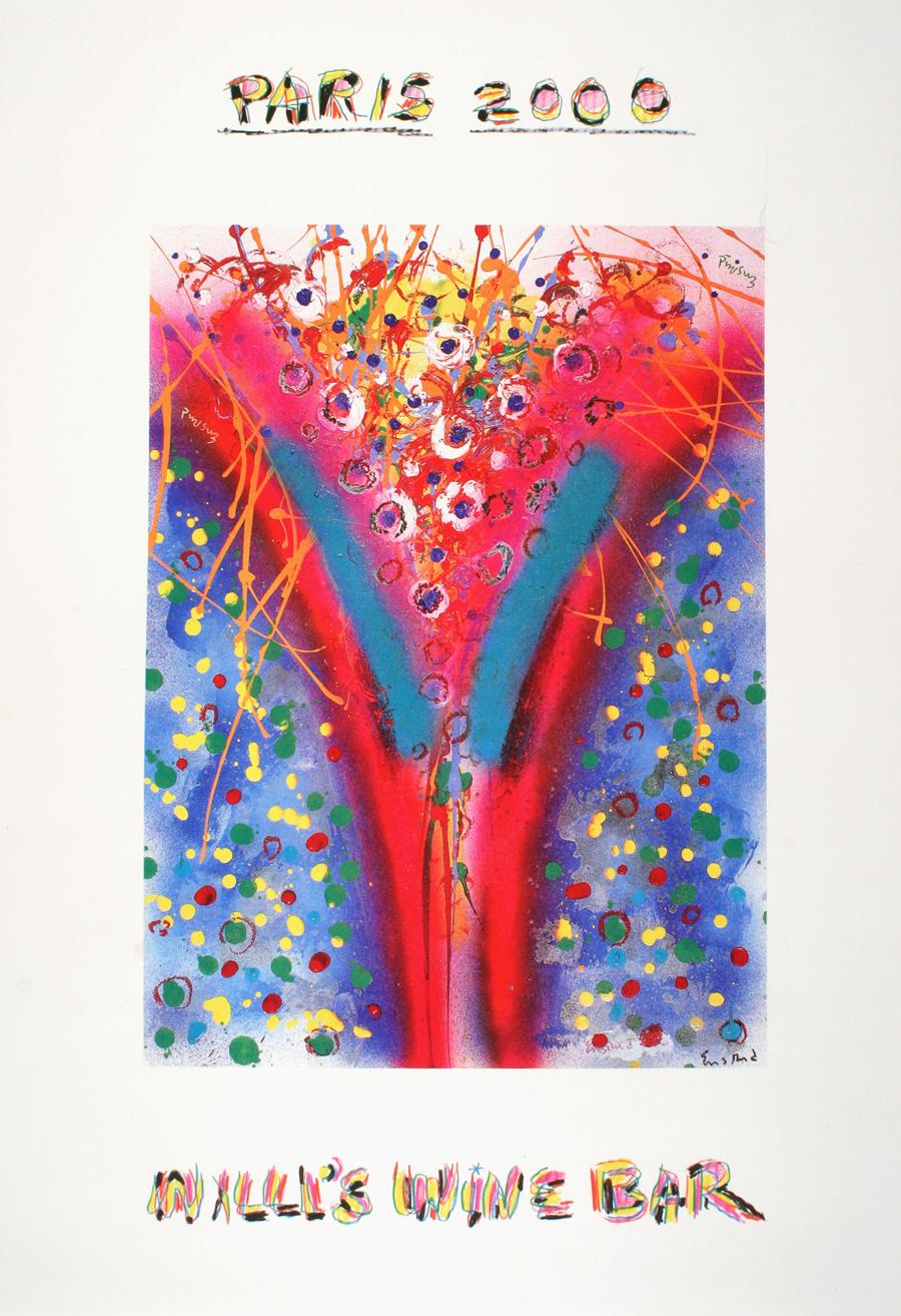 This is an original lithographic poster printed on heavy weight paper. It was created for the well known Wine Bar called Willi's located in the heart of Paris. Each year they commission a noted artist to create a unique design for their bar. This