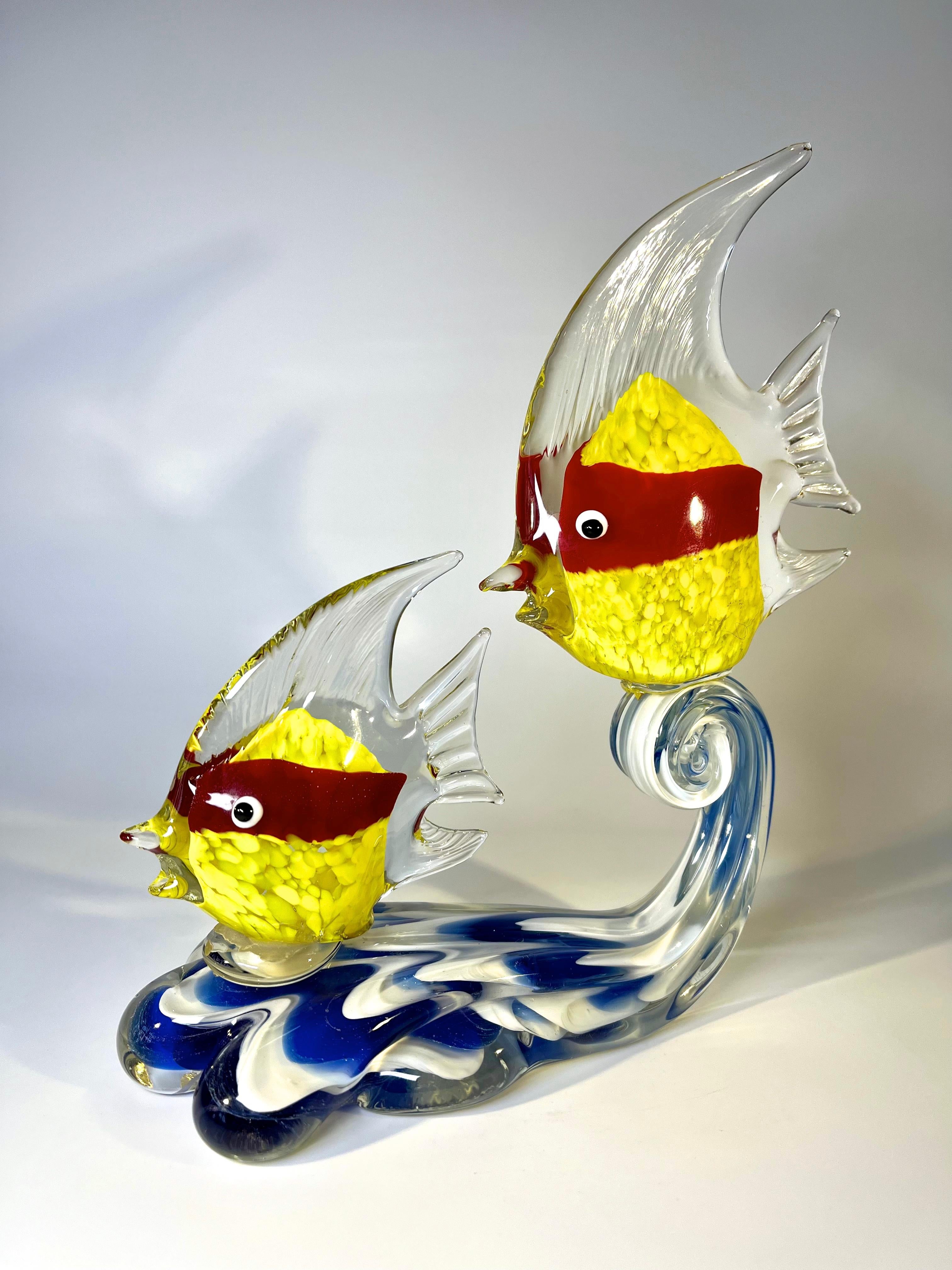 Hilarious pair of Murano Angel fish with a whiff of Ninja about them
Crafted in hand blown glass from Murano, Italy
Circa 1970's
Height 8.5 inch,  Width 3.25 inch, Depth 7.5inch
In very good condition
Wear consistent with age and use