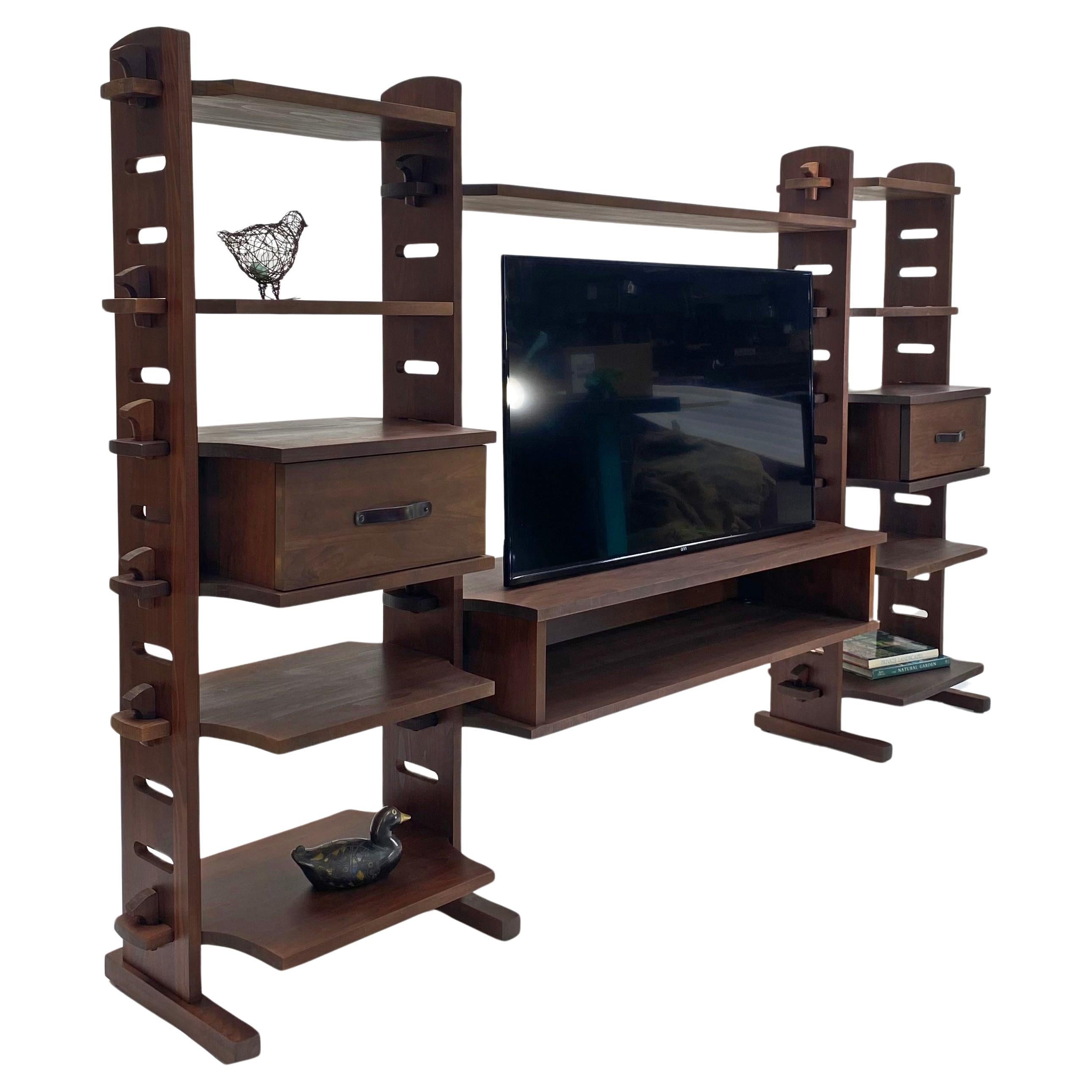 Amazing Midcentury wall unit handcrafted in solid aspen hardwood with exceptional quality and strength.. Featuring expertly carved wood with perfect proportions and captivating design that will highlight your home and collection. This unque