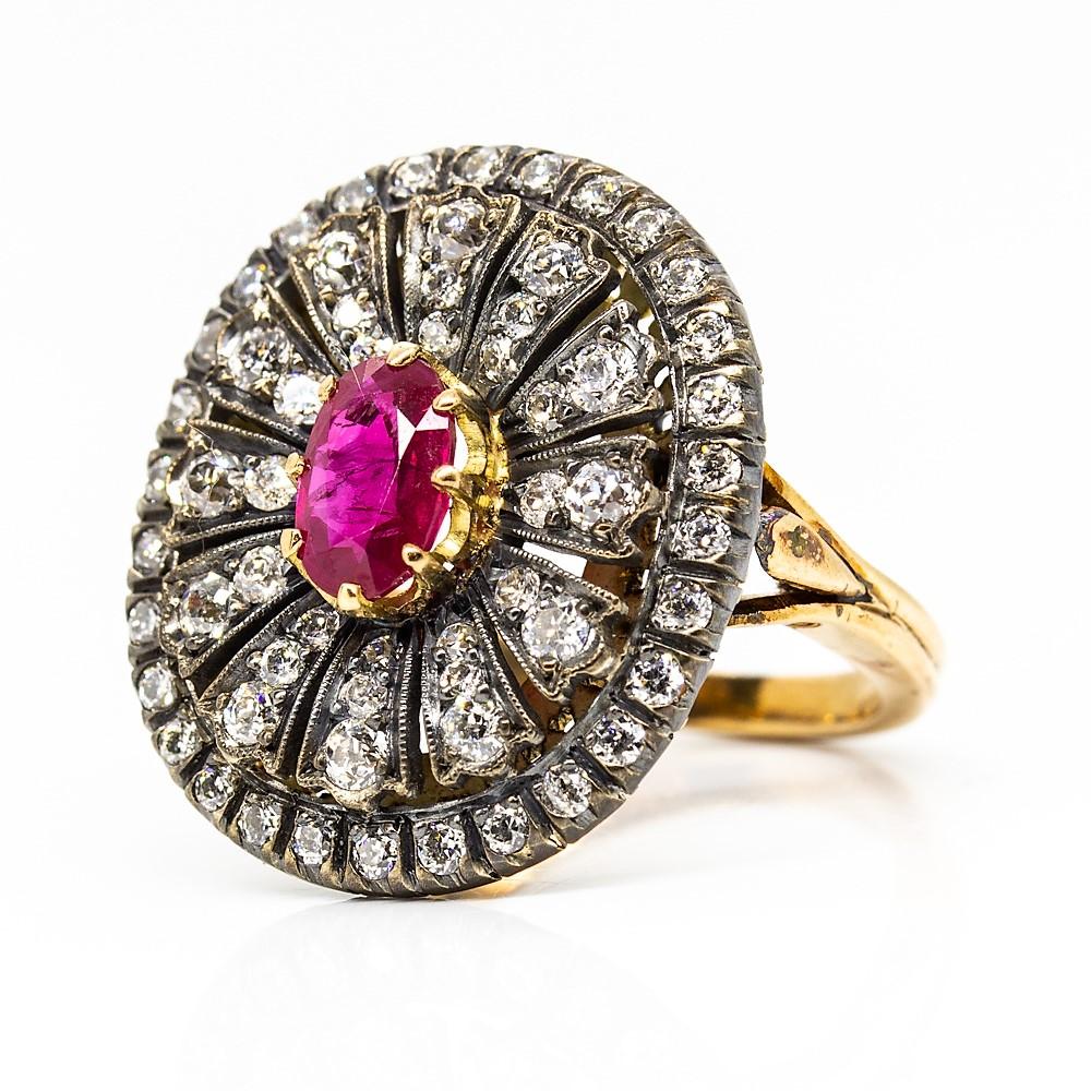 Old Mine Cut Enticing 18 Karat Gold and Silver Burma Ruby and Diamonds Ring For Sale