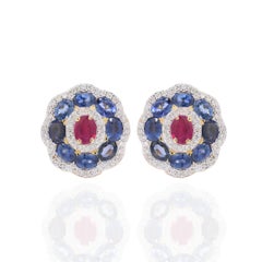 Enticing 4.21 Ct Ruby, Sapphire & Diamond Push Back Earrings in 18K Yellow Gold
