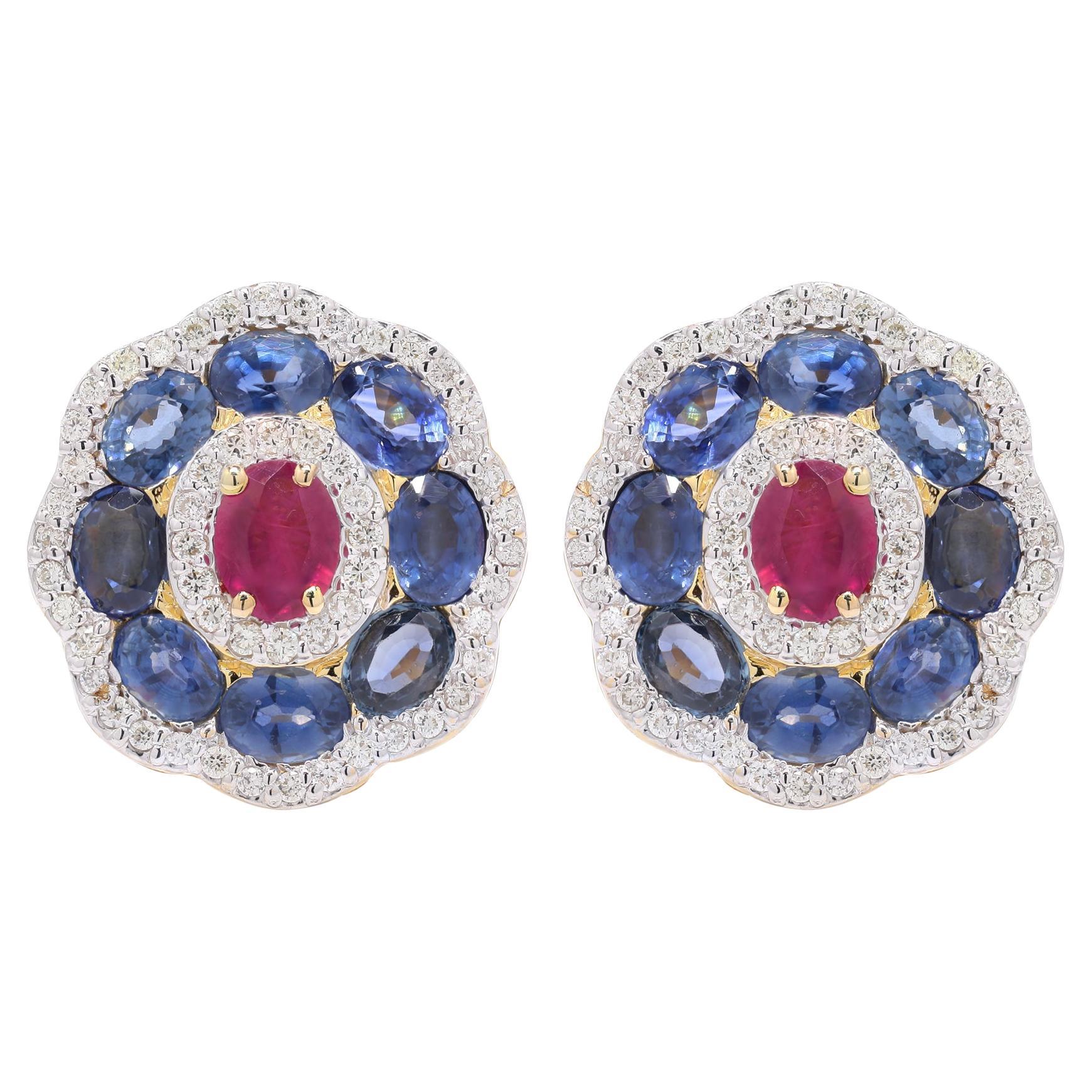 Enticing 4.21 Ct Ruby, Sapphire & Diamond Push Back Earrings in 18K Yellow Gold