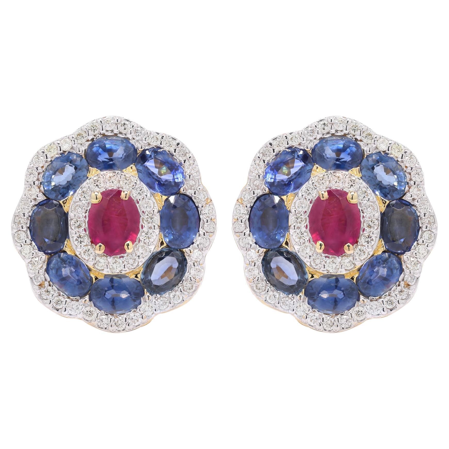 Enticing 4.21 Ct Ruby, Sapphire & Diamond Push Back Earrings in 18K Yellow Gold For Sale