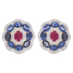 Enticing 4.21 Ct Ruby, Sapphire & Diamond Push Back Earrings in 18K Yellow Gold