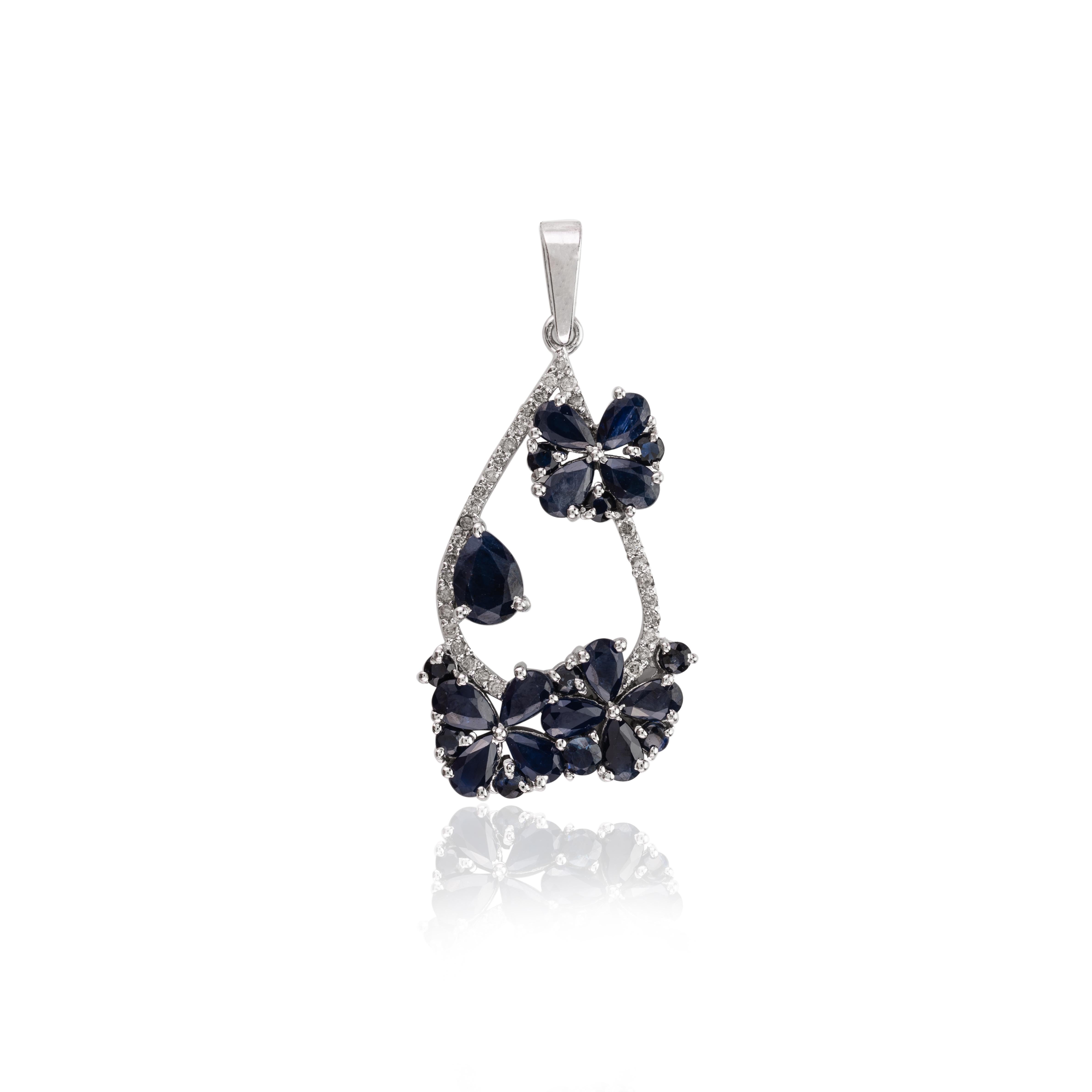 Contemporary Real Blue Sapphire and Diamond Floral Wedding Pendant in 925 Silver